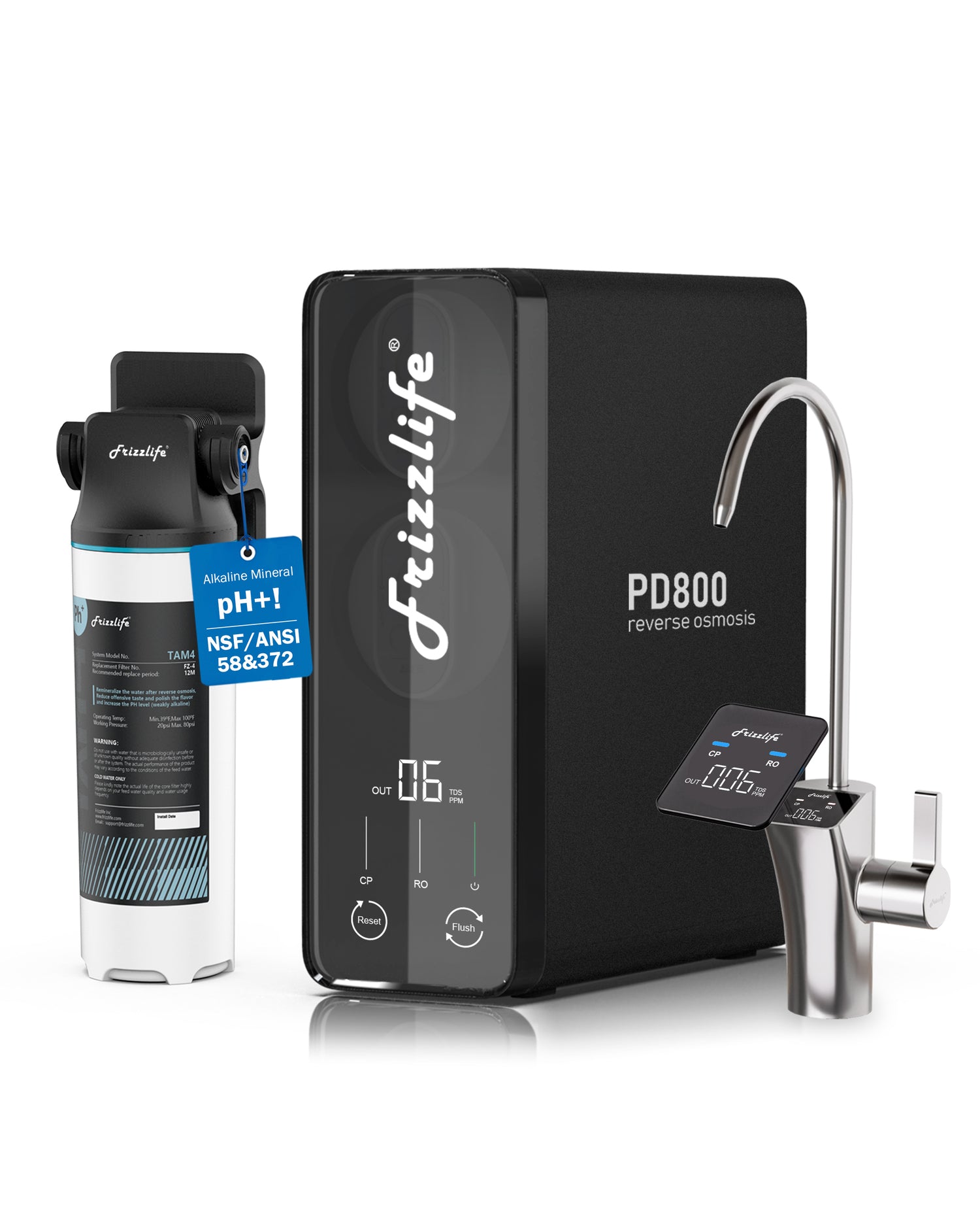 Frizzlife 800GPD Reverse Osmosis Water Filter, NSF/ASNI 58&42&372 Standard, Alkaline Mineral pH+ Tankless Reverse Osmosis System, 9-Stage Under Sink RO, 2:1 Pure to Drain, Smart Faucet, PD800-N