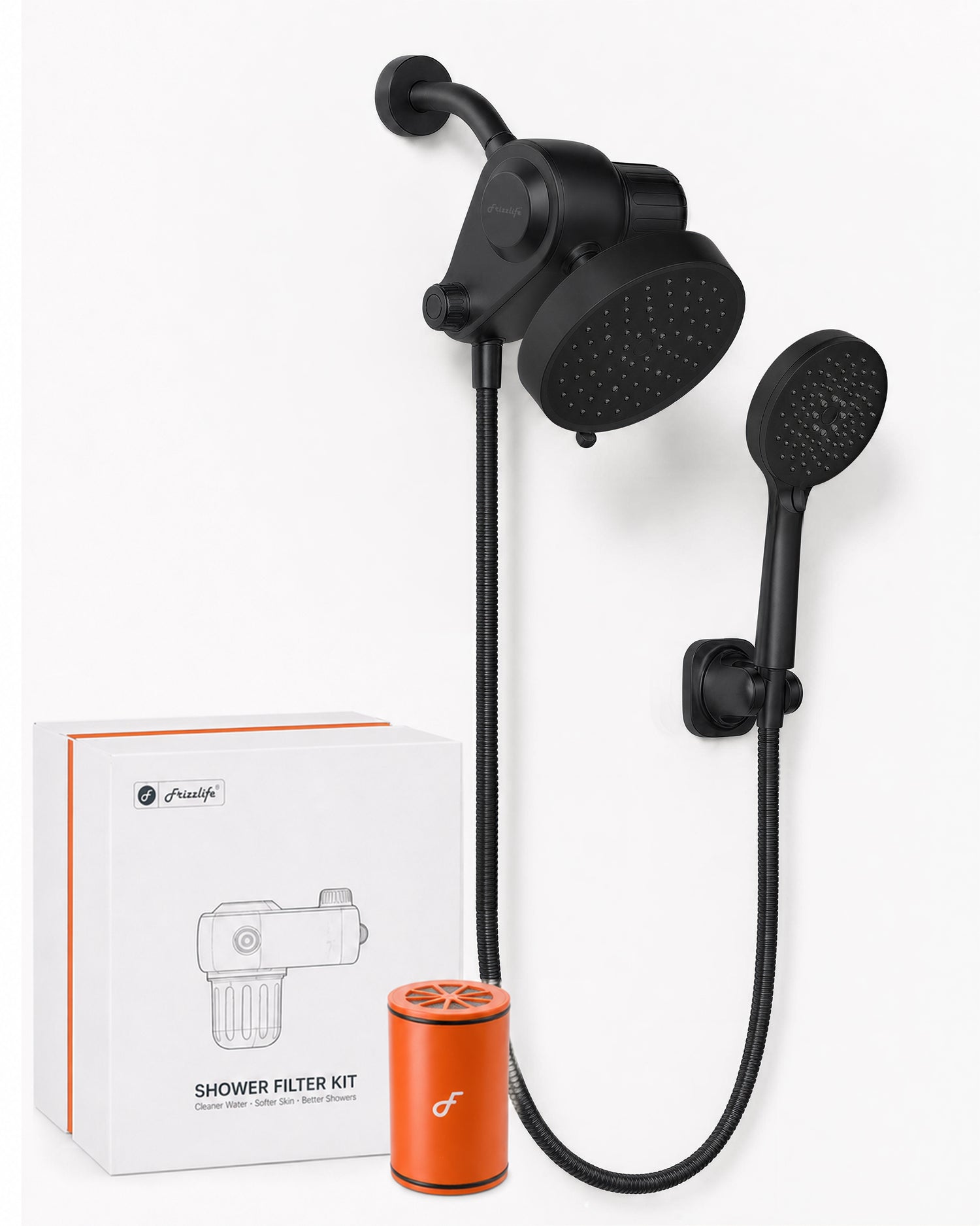 Frizzlife Dual Filtered Shower Head Combo, Rainfall Showerhead with Handheld, Both Heads Filtered, KDF-55 and Calcium Sulfite Filter, Reduces Chlorine, High Pressure, Ideal for Homes with Hard Water