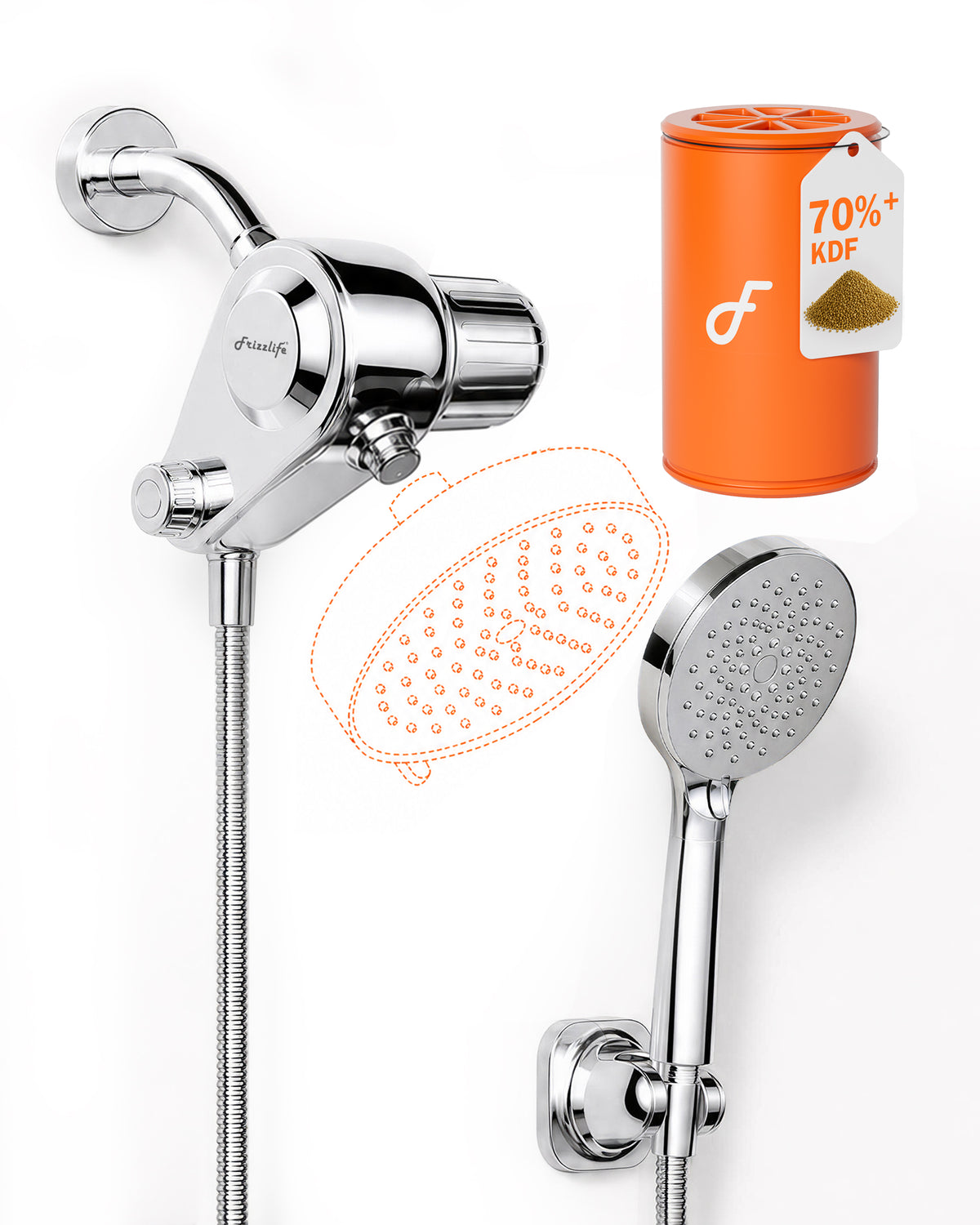 Frizzlife Dual-Outlet Polished Chrome Shower Filter with 3-Mode Handheld – K45+HS04-PC