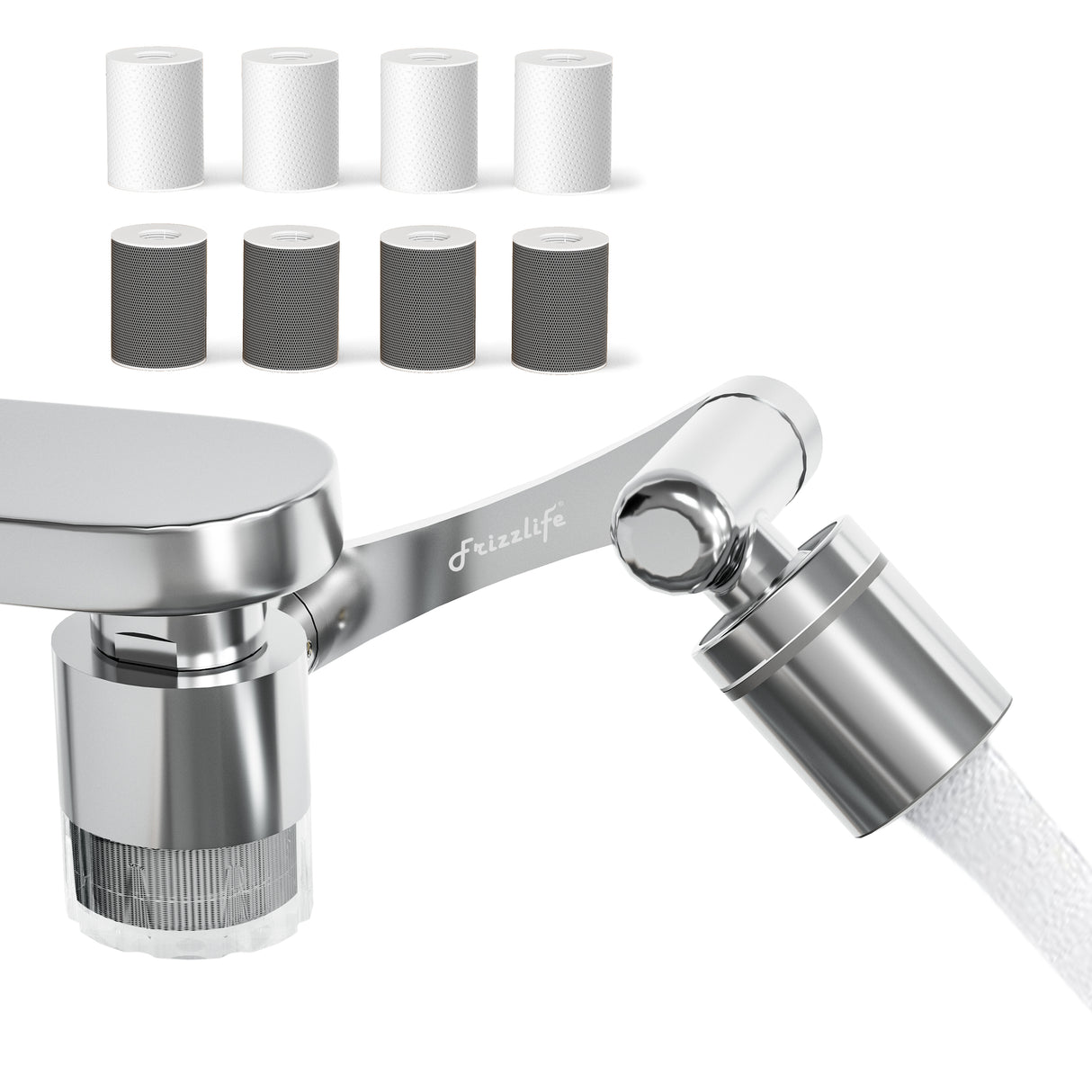Frizzlife spritzwassergeschützte Waschbeckenhahnverlängerung mit Filter, zertifizierte Reduzierung von 99% Chlor, 1440° drehbarer Wasserhahnbelüfter, 3 Modi Sprühaufsatz für Küche/Bad/Kinder, 8 Stück Ersatzfilter