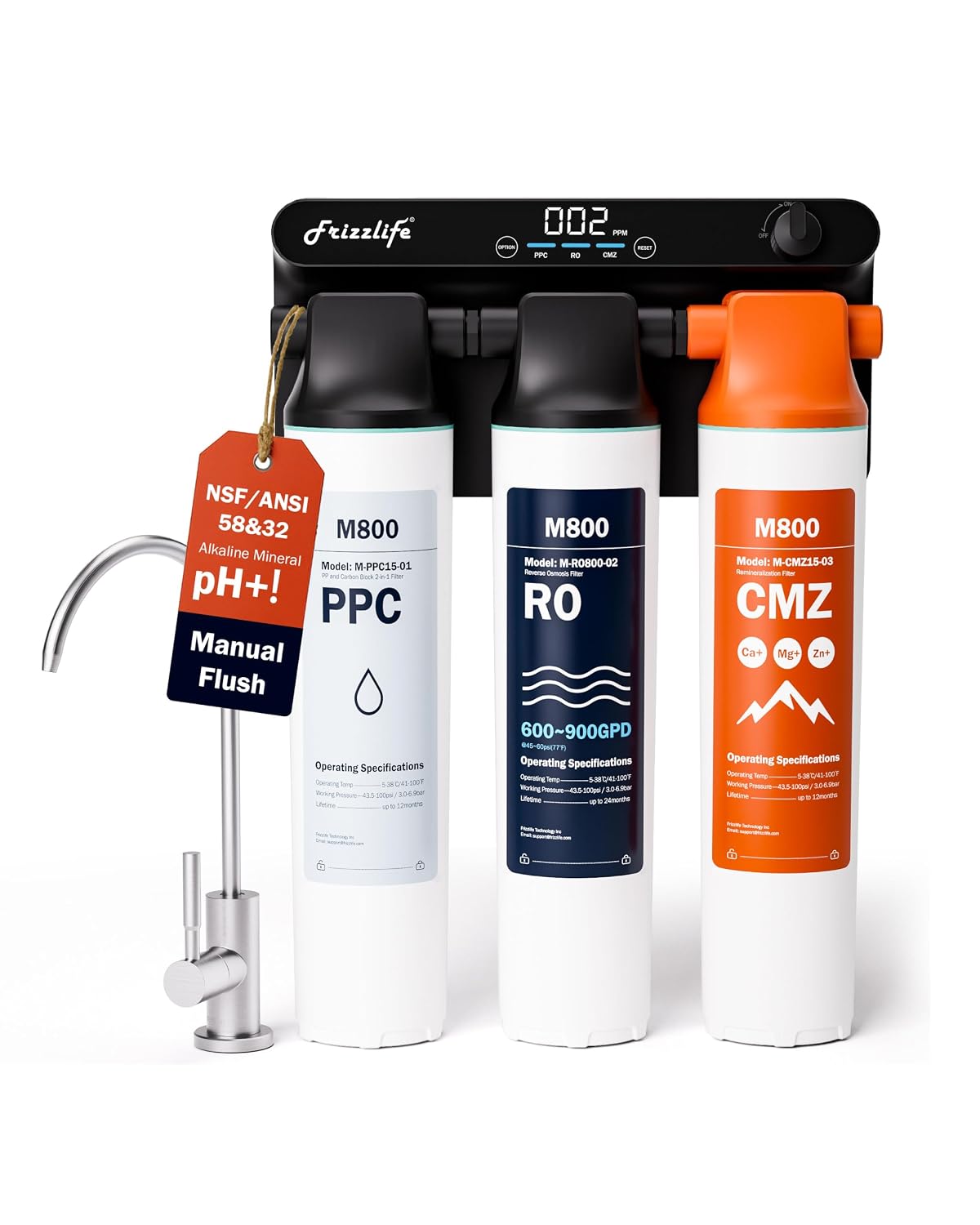 Frizzlife M800 Non-Electric Tankless Reverse Osmosis Water Filter, up to 900GPD Alkaline Mineralized RO Water Filtration System, Huge Filter with Manual Flush, NSF/ANSI 58&372, 4:1 Pure to Drain