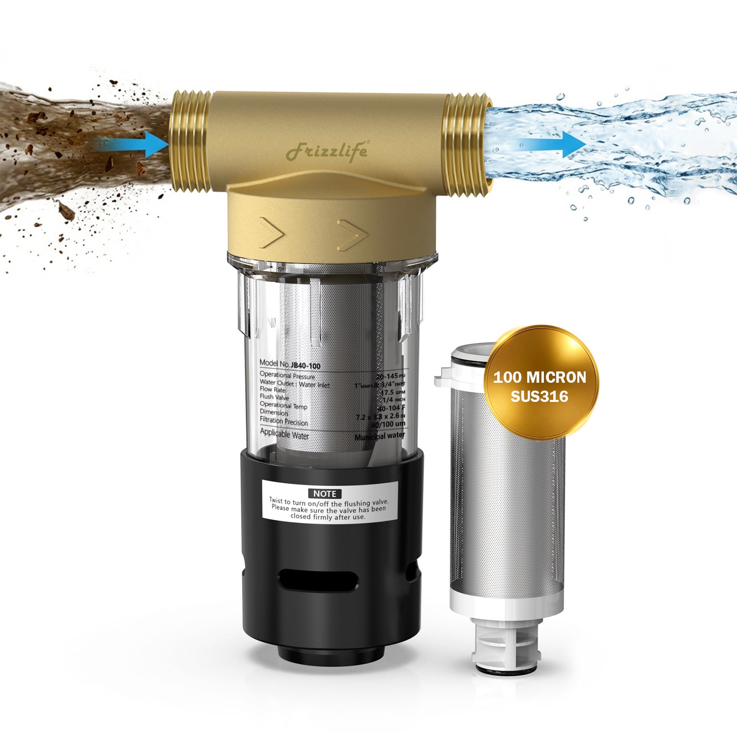 Frizzlife 40&100 Micron Spin Down Sediment Filter with Built-in Scraper, Reusable Whole House Pre-Filter for City/Well Water, Washing Machine, Flushable Filtration, 1