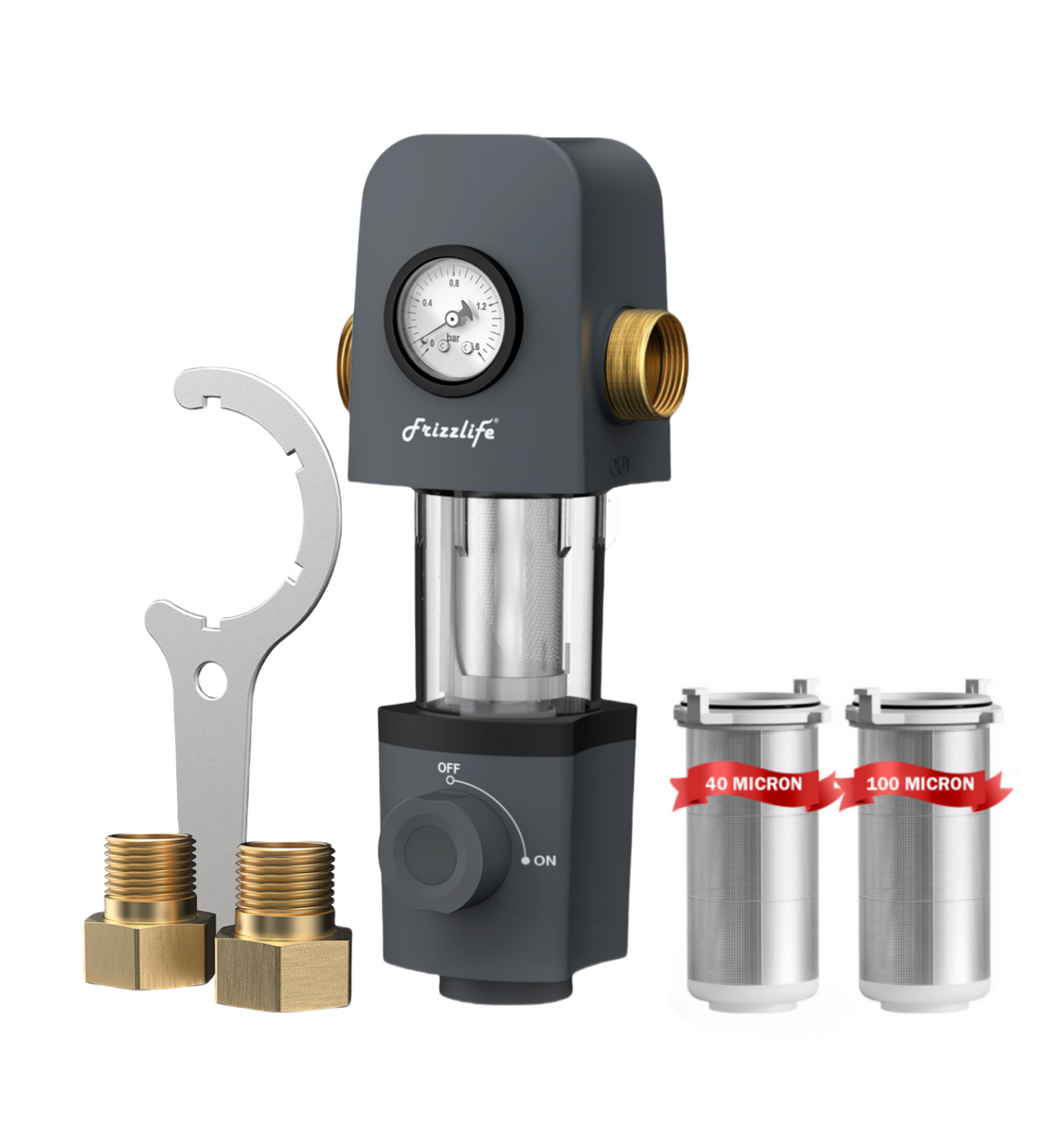 Frizzlife 40 & 100 Micron Spin Down Sediment Water Filter with Pressure Gauge and Built-in Scraper, Reusable and Flushable Whole House Pre-Filtration System, 1" + 3/4" NPT, BPA Free, JG40-100