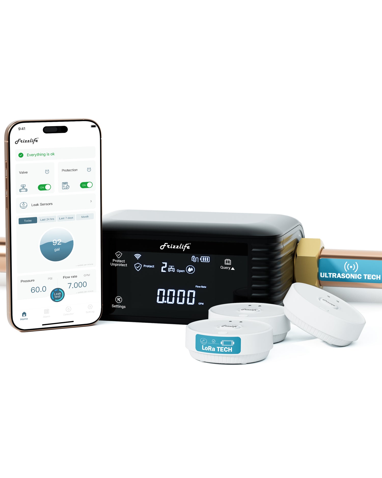 Frizzlife Smart Water Monitor & Automatic Shutoff with 3 Leak Sensors, LPG365-P-3S