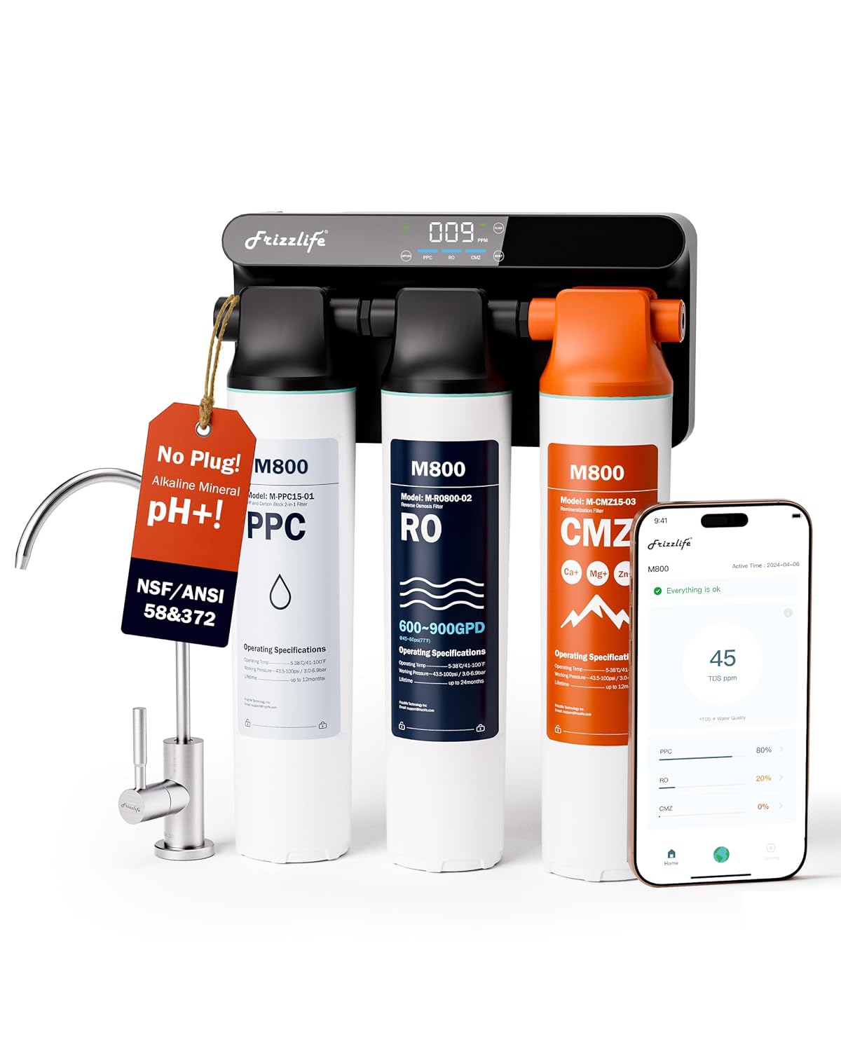 Frizzlife M800 Non-Electric Tankless RO Water Filter, 900GPD Alkaline Mineralized System, Smart WiFi App Control, Real-Time TDS & Filter Life Monitoring, Auto Flush, NSF/ANSI 58&372, 4:1 Pure to Drain