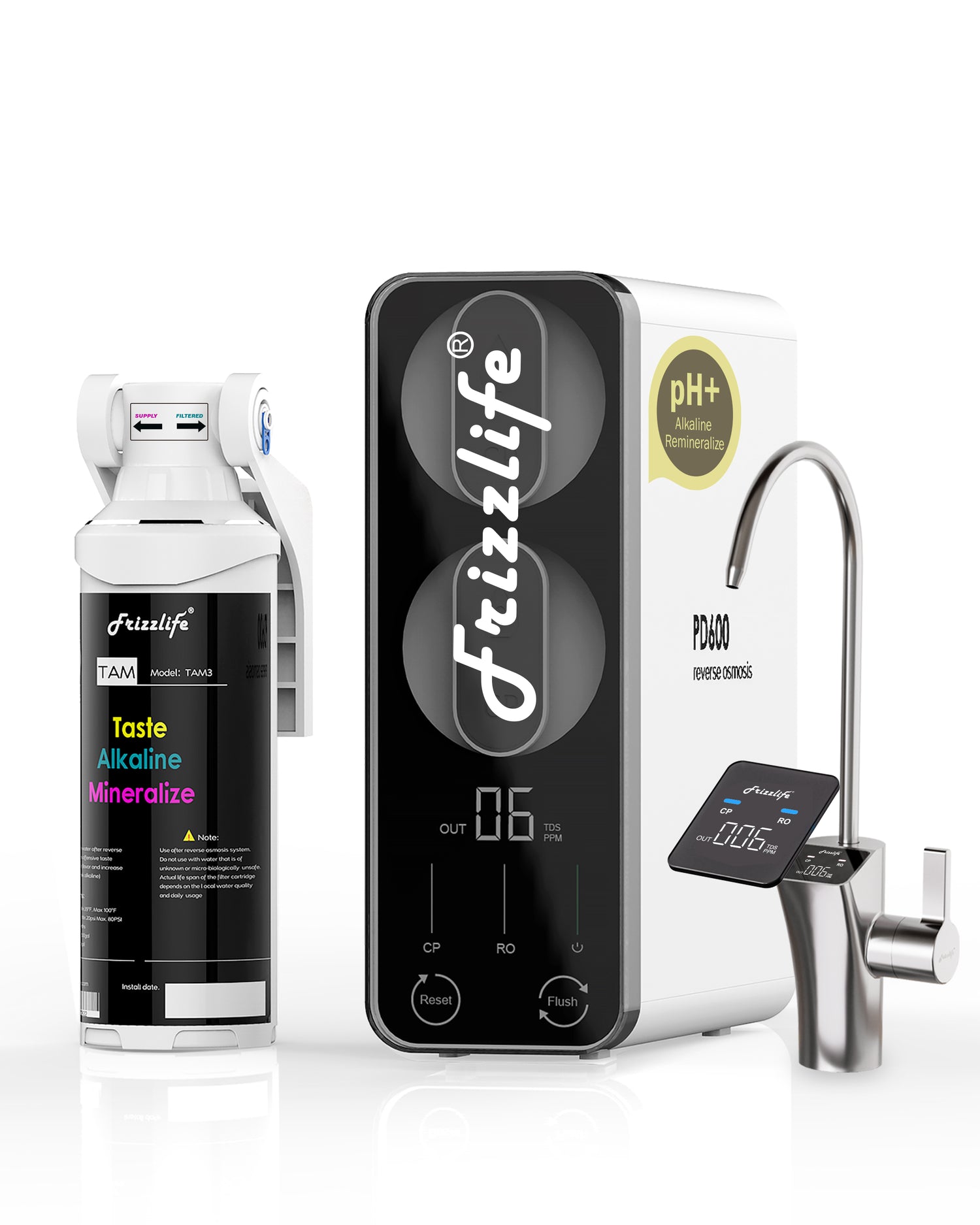 Frizzlife Reverse Osmosis Water Filter - Alkaline Mineral pH+, NSF/ASNI 58&53&42&372 Standard, 600GPD Tankless RO Reverse Osmosis System, Under Sink, 2:1 Pure to Drain, Smart LED Faucet, PD600-N
