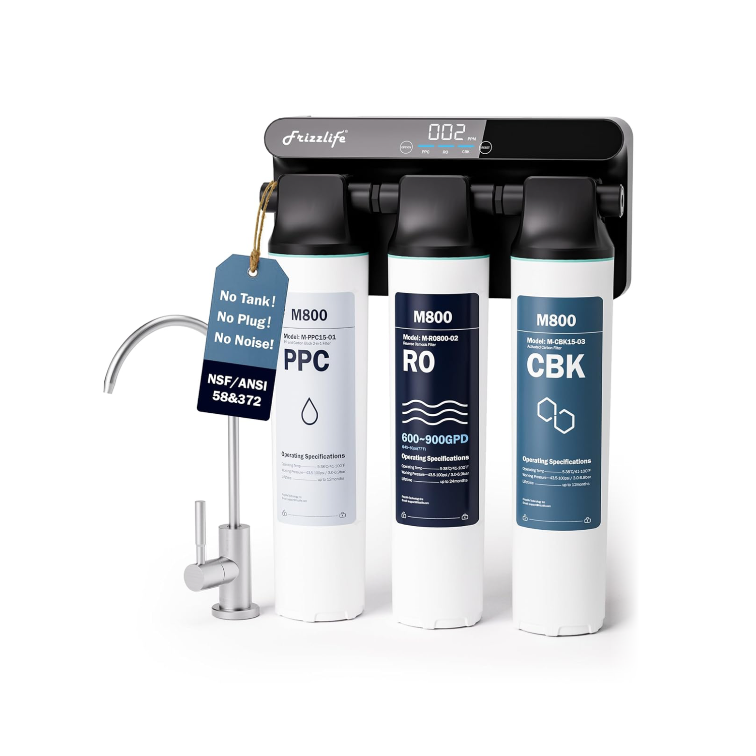 Frizzlife 900 GPD Non-Electric Tankless Reverse Osmosis System, M800-Basic