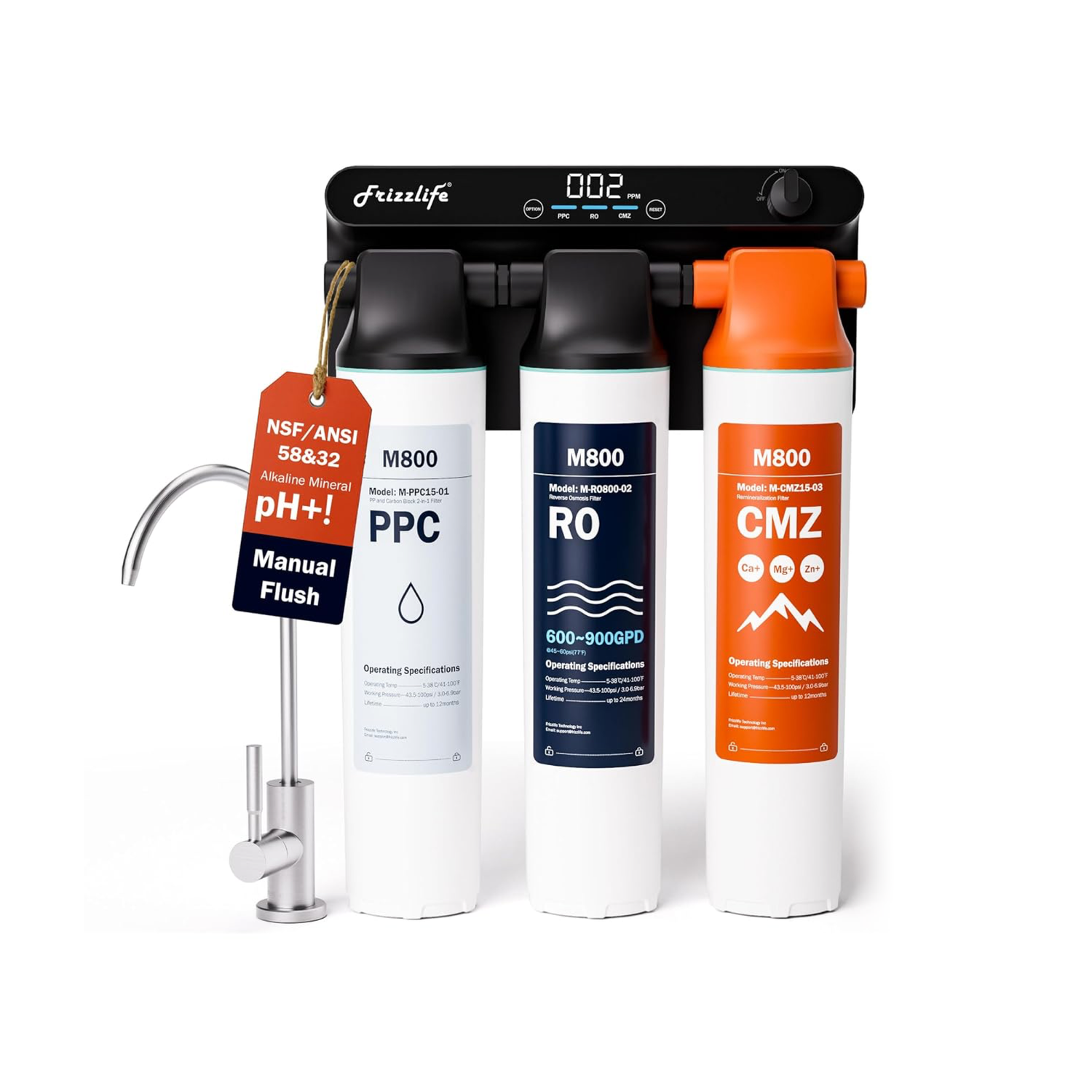 Frizzlife 900 GPD Non-Electric Tankless Alkaline RO System, M800-MF