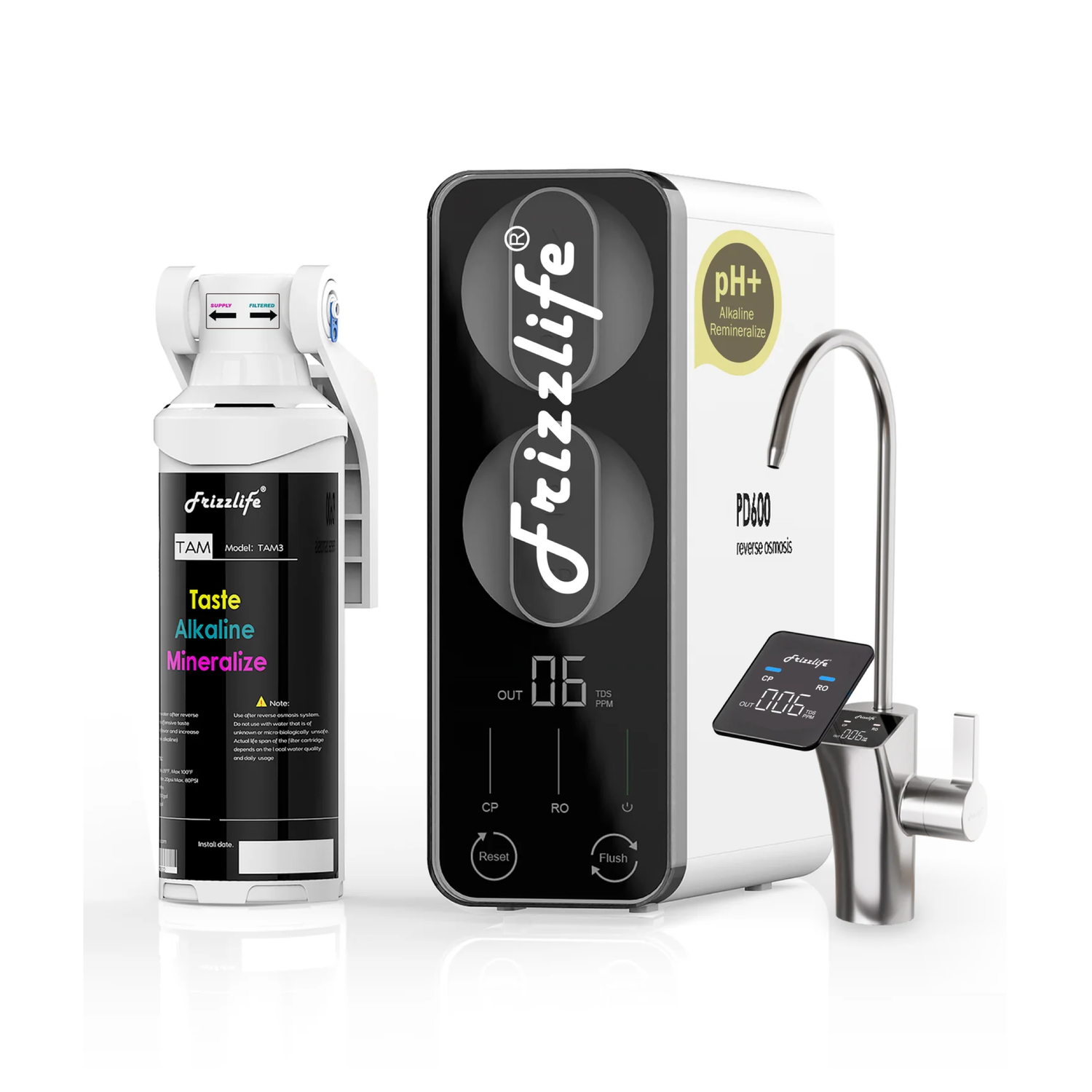 Frizzlife Reverse Osmosis Water Filter - Alkaline Mineral pH+, NSF/ASNI 58&53&42&372 Standard, 600GPD Tankless RO Reverse Osmosis System, Under Sink, 2:1 Pure to Drain, Smart LED Faucet, PD600-N