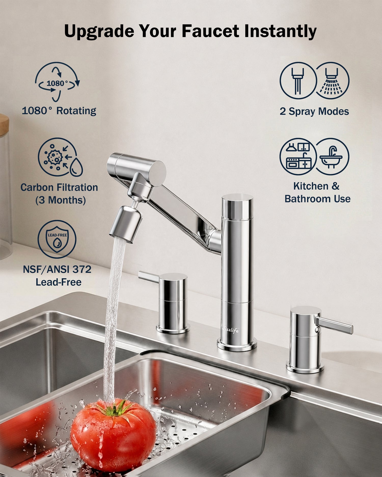 Frizzlife MF1080-X Series Bathroom & Kitchen Faucet with Water Filter, Polished Chrome, 360° Swivel Aerator
