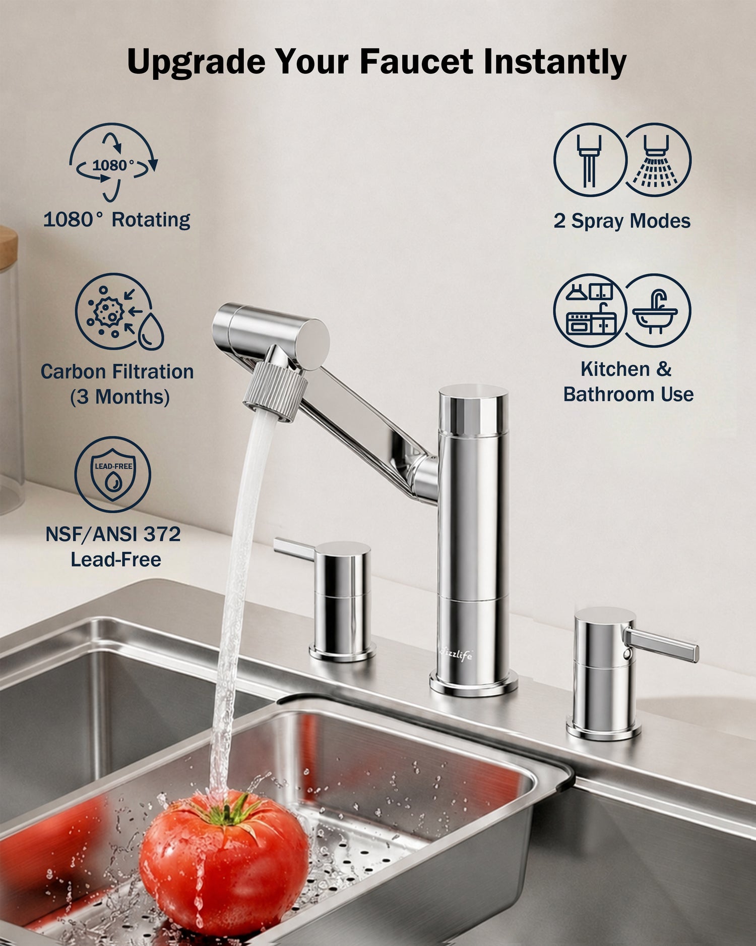 Frizzlife MF1080-X Series Bathroom & Kitchen Faucet with Water Filter, Polished Chrome