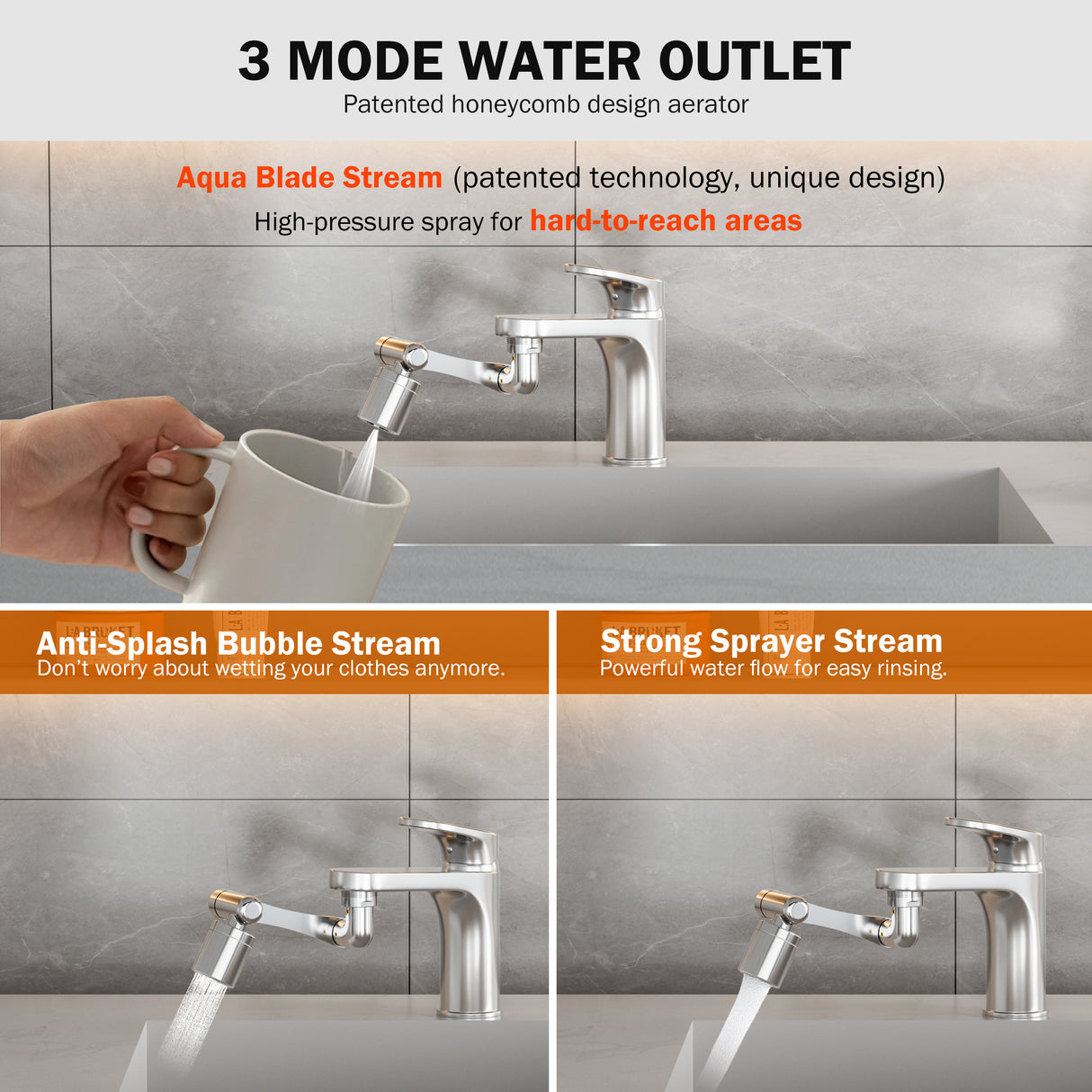 Frizzlife 1440° Swivel Faucet Extender Sink Aerator, 3-Mode Sprayer Water Filter Extension, 1080° Robotic Arm + 360° Rotating Universal Tap Attachment For Bathroom/Kitchen & Washing Hair/Face/Kids Use