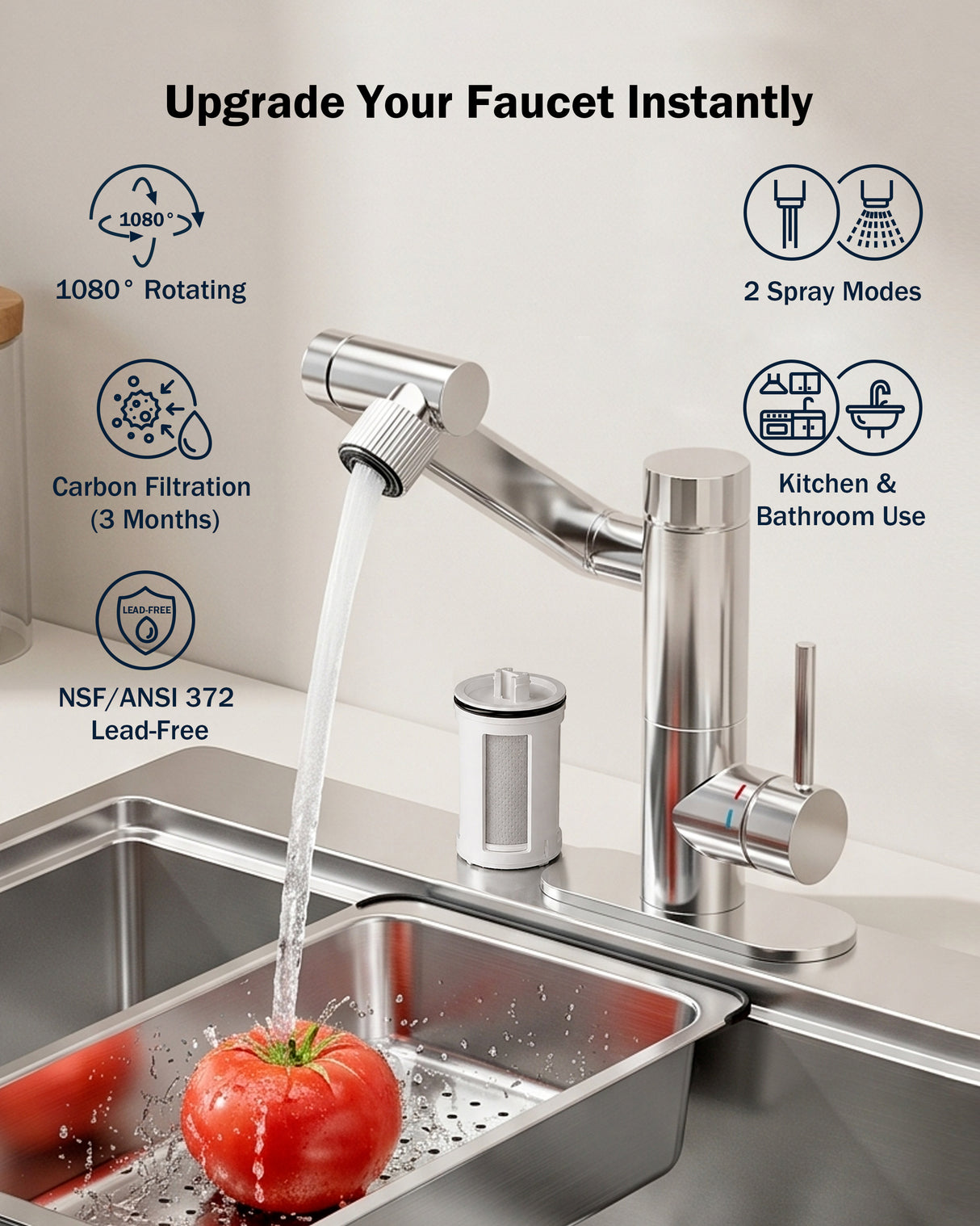 Frizzlife MF1080-S Series Bathroom & Kitchen Faucet with Water Filter, Polished Chrome