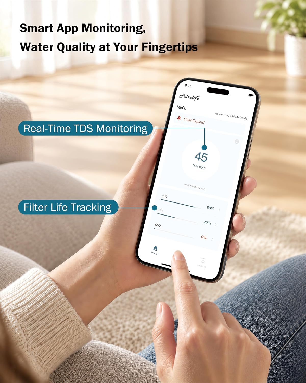 Frizzlife M800 Non-Electric Tankless RO Water Filter, 900GPD Alkaline Mineralized System, Smart WiFi App Control, Real-Time TDS & Filter Life Monitoring, Auto Flush, NSF/ANSI 58&372, 4:1 Pure to Drain