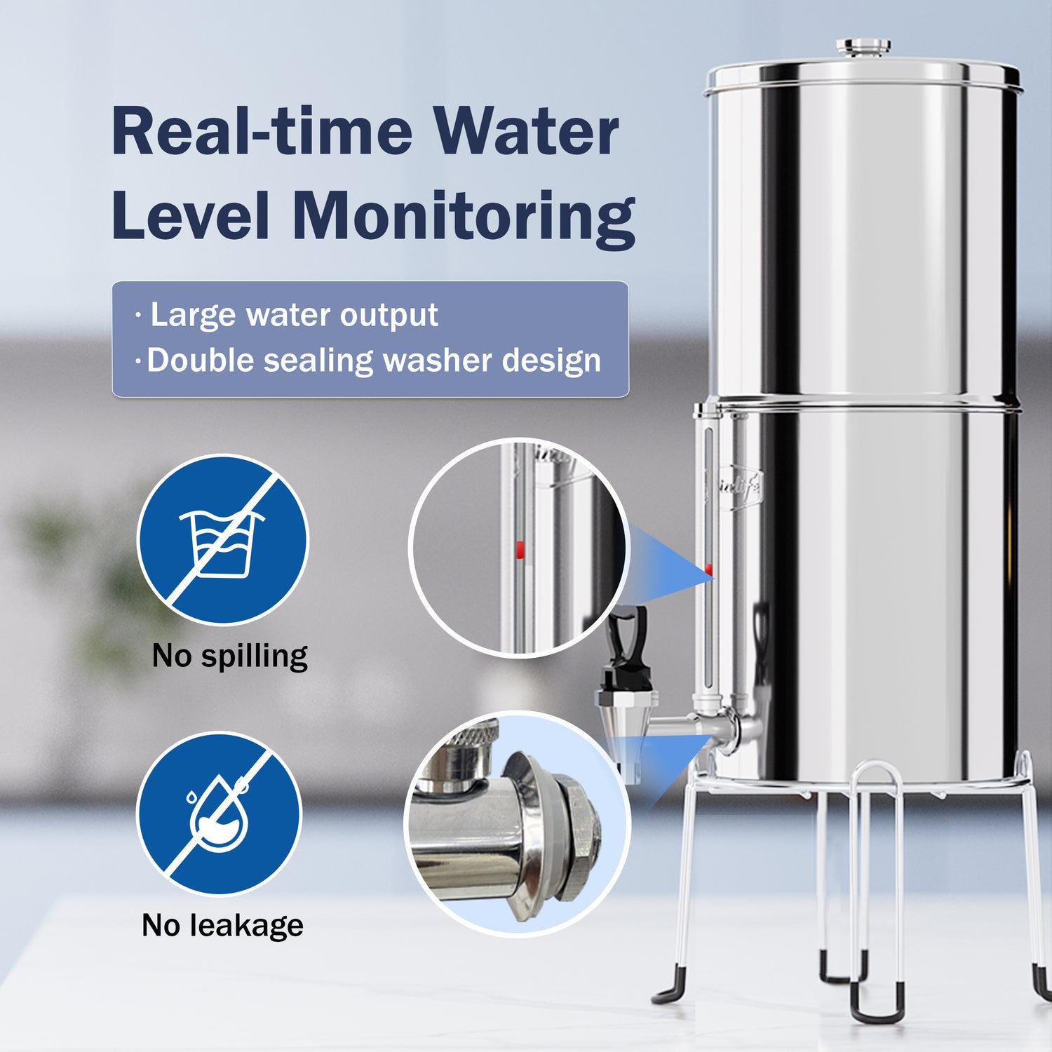 Robinet de contrôle Frizzlife, compatible avec les systèmes de filtration d'eau par gravité Berkey et Frizzlife G190 et G210, niveau d'eau clairement visible avec bille flottante rouge, matériau métallique durable