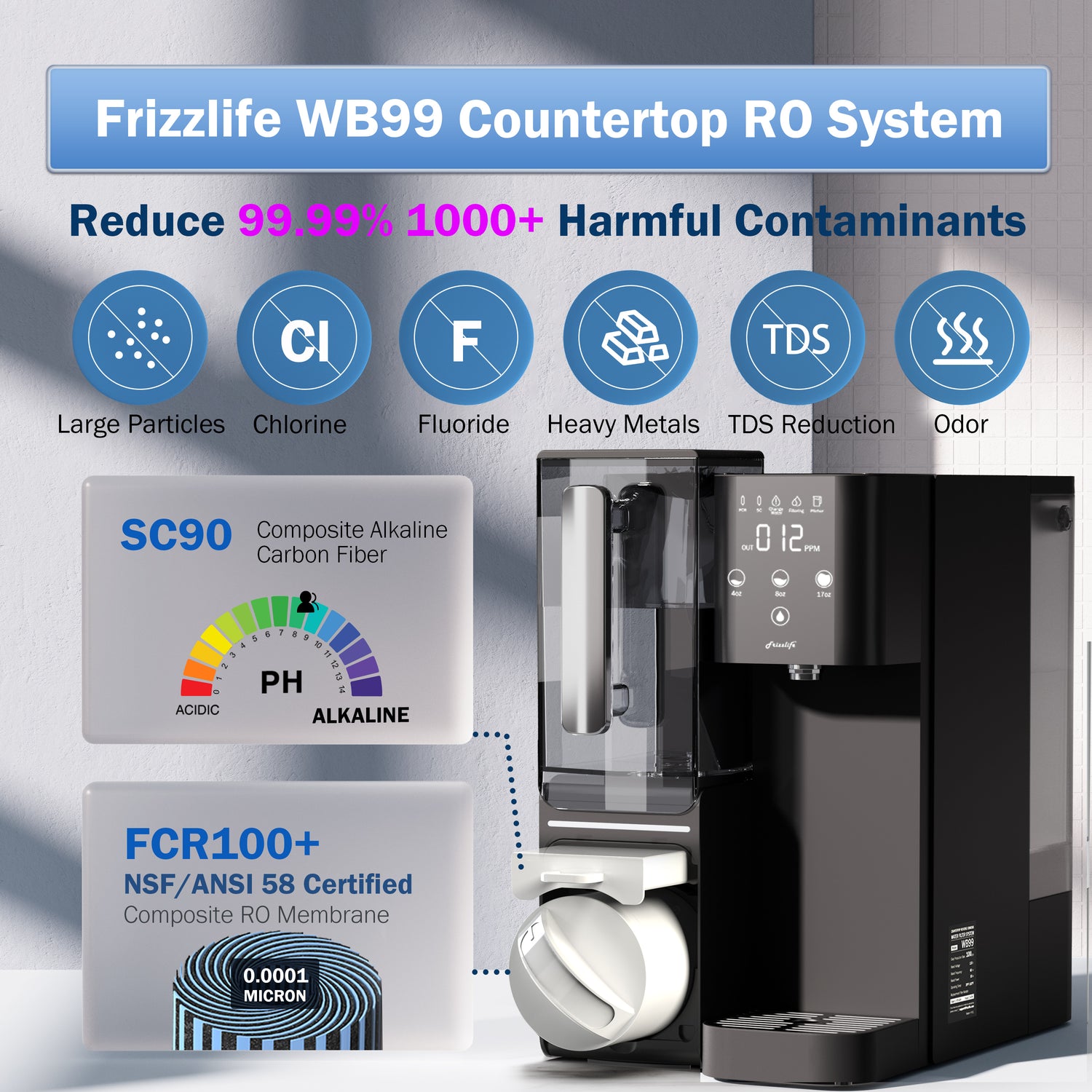 Sistema de ósmosis inversa de encimera Frizzlife WB99, filtro de agua alcalina RO con jarra portátil, elementos con certificación NSF/ANSI 58, monitoreo de TDS y vida útil del filtro, sin instalación. Soporte técnico en EE. UU.