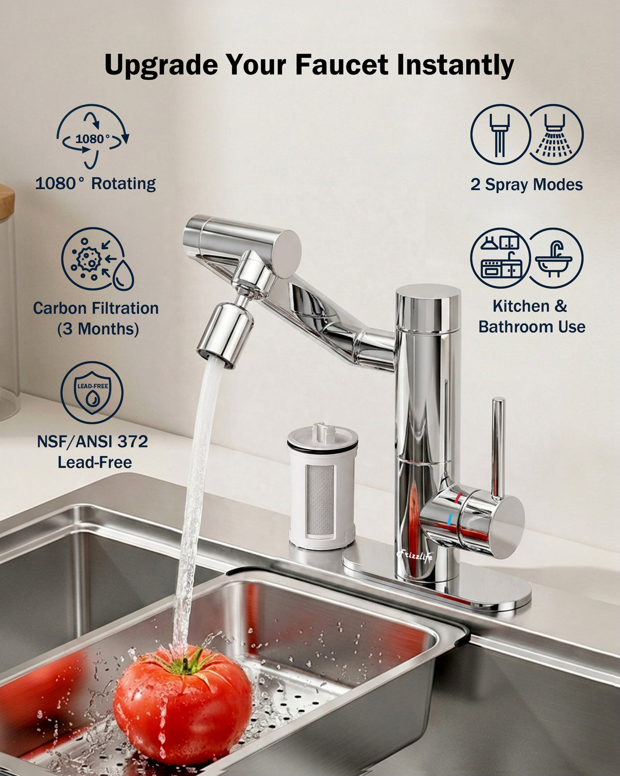 Frizzlife MF1080-S Series Bathroom & Kitchen Faucet with Water Filter, Polished Chrome, 360° Swivel Aerator