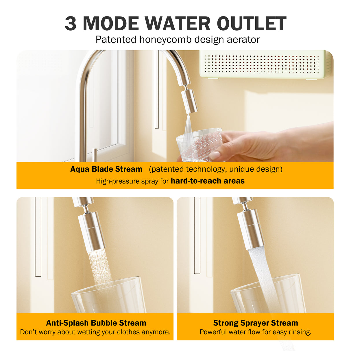 Frizzlife 360° schwenkbarer Wasserhahn-Aufsatz mit 3 Sprühmodi, Universal-Verlängerung für Küche, Bad und zum Haare-, Gesichts- und Kleinkind-Waschen