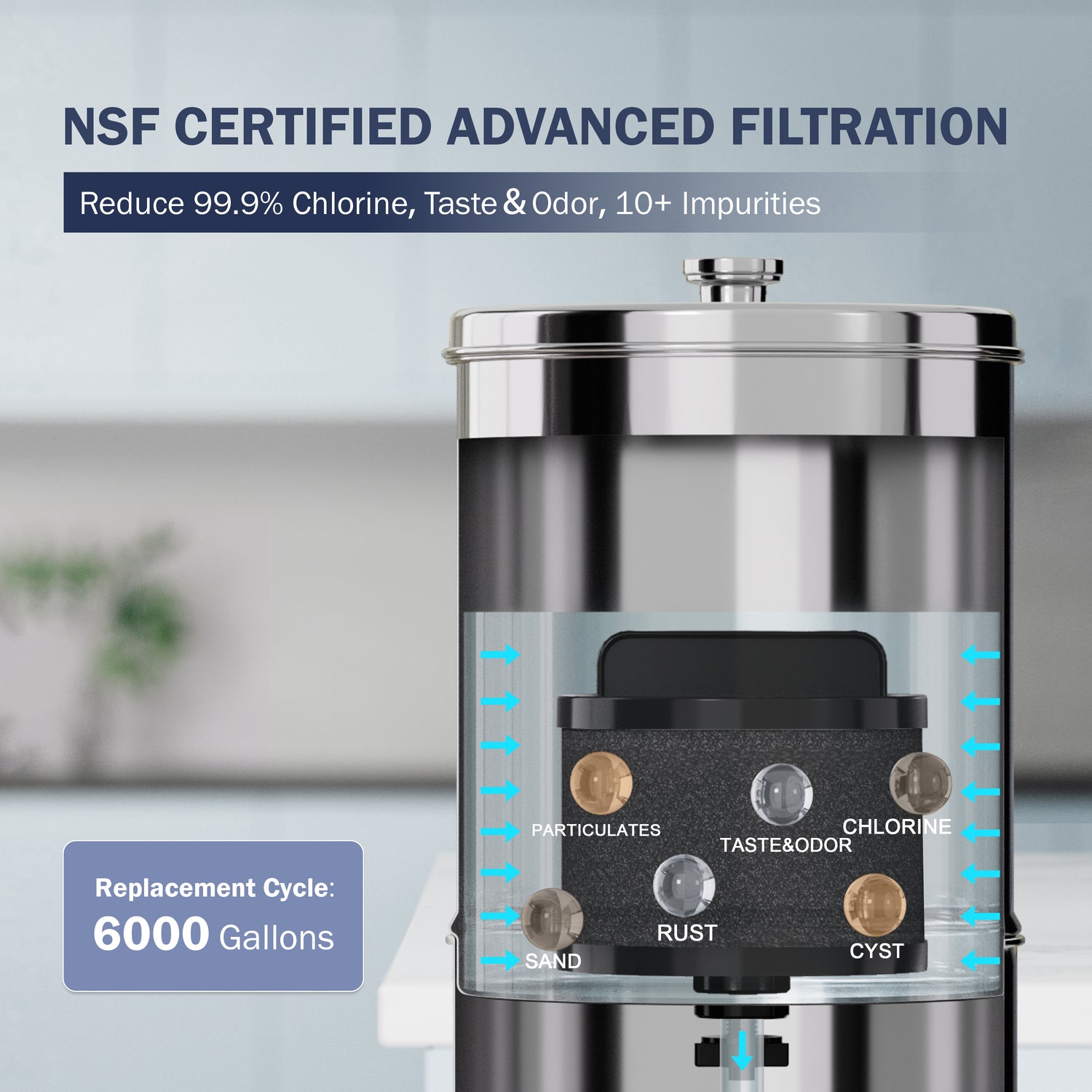 Système de filtration d'eau par gravité Frizzlife G210, élément certifié NSF réduisant le chlore à 99,9 %, le mauvais goût et les odeurs, plus de 10 impuretés, système de comptoir en acier inoxydable 304 pour la maison, les urgences, 2,25 g