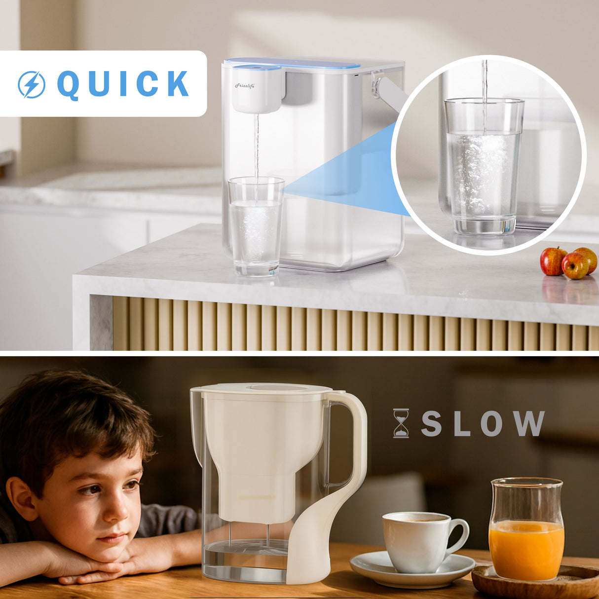 Frizzlife 400-Gallon Electric Water Filter Dispenser with 2 Filters (8-Stage Filtration),Reduce 99.89% of Lead,6 Months Rechargeable Water Pitcher, BPA-Free Instant Countertop Water Filter System,MD40