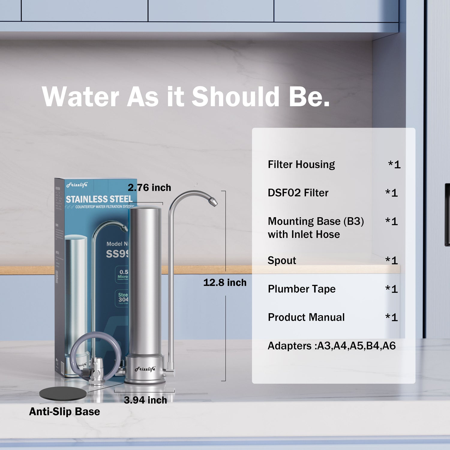 Sistema de filtro de agua para encimera Frizzlife SS99, de acero inoxidable, para grifos de 8000 galones, con elementos de 0,5 micrones con certificación NSF. Reduce el 99,99 % de plomo, cloro, metales pesados, mal sabor y olor.