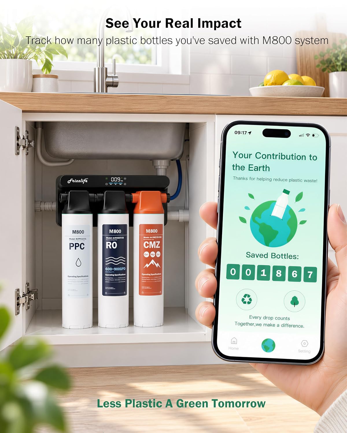 Frizzlife M800 Non-Electric Tankless RO Water Filter, 900GPD Alkaline Mineralized System, Smart WiFi App Control, Real-Time TDS & Filter Life Monitoring, Auto Flush, NSF/ANSI 58&372, 4:1 Pure to Drain