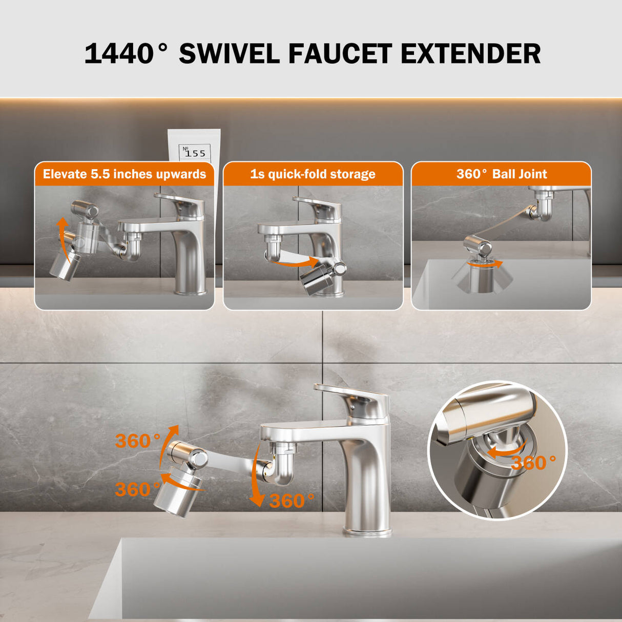 Frizzlife 1440° Swivel Faucet Extender Sink Aerator, 3-Mode Sprayer Water Filter Extension, 1080° Robotic Arm + 360° Rotating Universal Tap Attachment For Bathroom/Kitchen & Washing Hair/Face/Kids Use