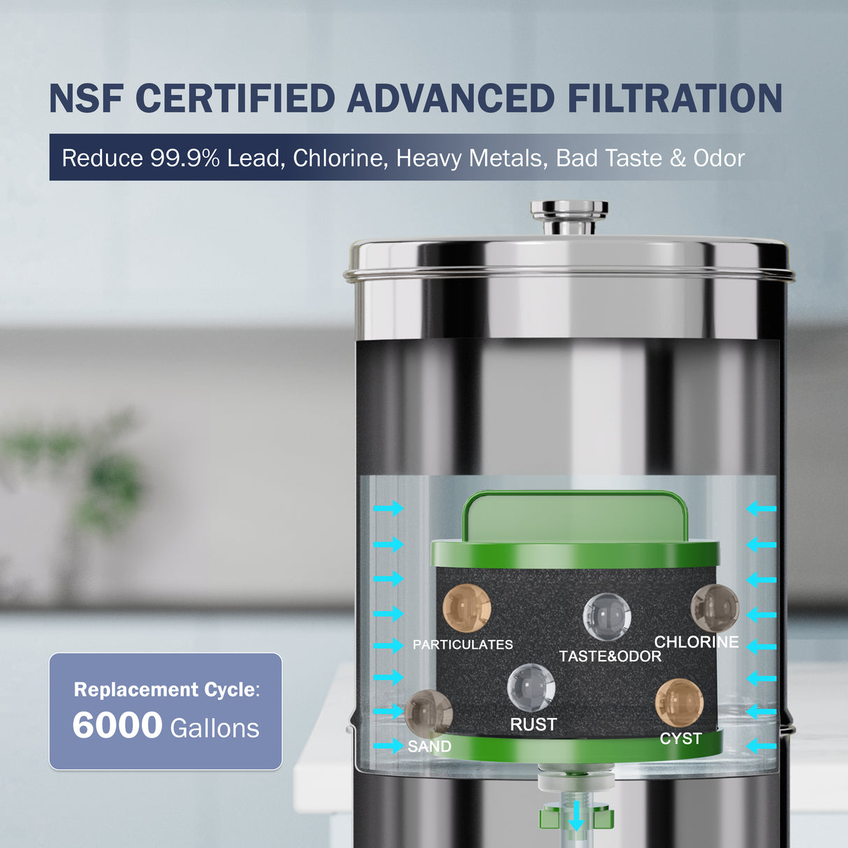 Sistema de filtración de agua por gravedad Frizzlife G210-PRO. Elemento con certificación NSF que reduce el 99.9 % de plomo, cloro, metales pesados, mal sabor y olor, e impurezas. Incluye soporte de acero inoxidable para beber y viajar. Peso: 2.25 g.