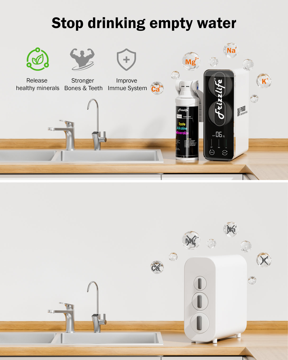 Frizzlife Reverse Osmosis Water Filter - Alkaline Mineral pH+, NSF/ASNI 58&53&42&372 Standard, 600GPD Tankless RO Reverse Osmosis System, Under Sink, 2:1 Pure to Drain, Smart LED Faucet, PD600-N