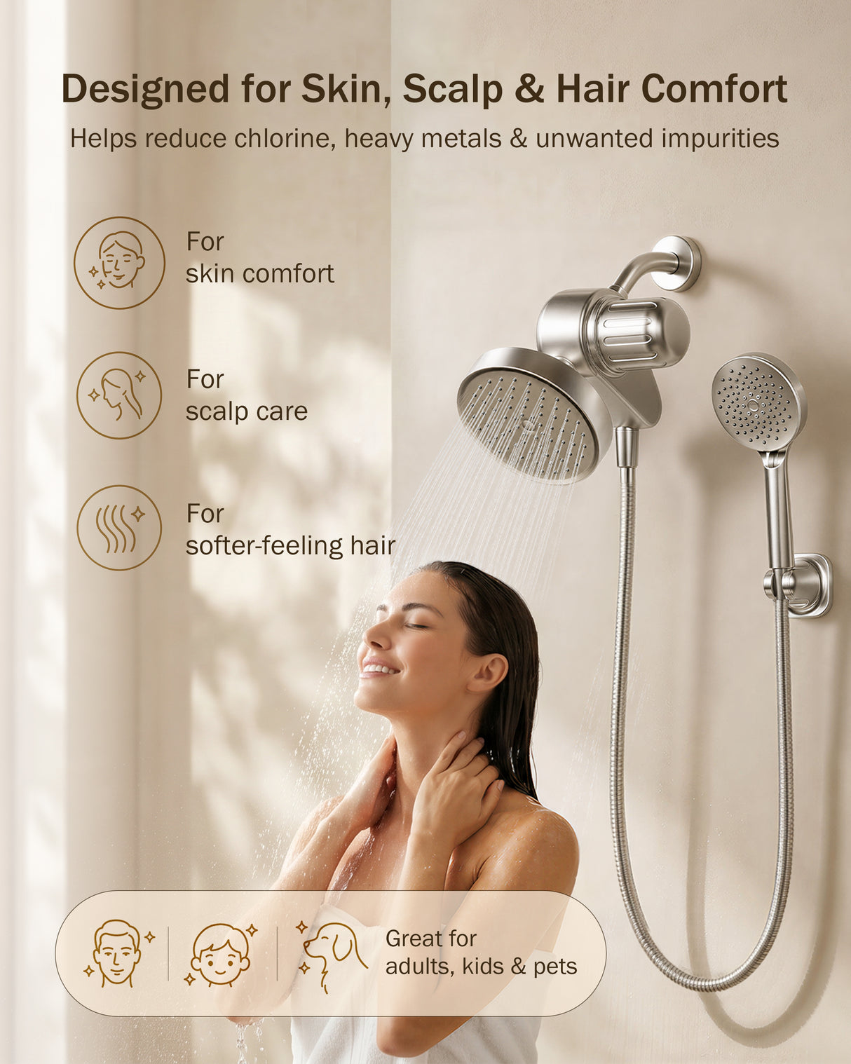 Frizzlife Dual Filtered Shower Head Combo, Rainfall Showerhead with Handheld, Both Heads Filtered, KDF-55 and Calcium Sulfite Filter, Reduces Chlorine, High Pressure, Ideal for Homes with Hard Water