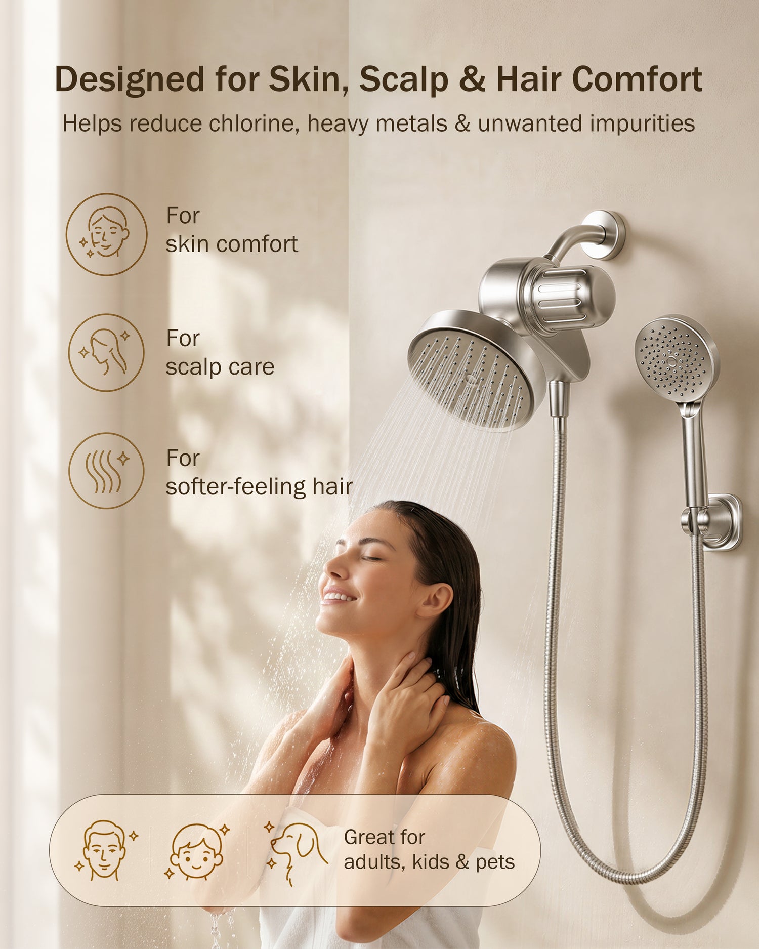 Frizzlife Dual Filtered Shower Head Combo, Rainfall Showerhead with Handheld, Both Heads Filtered, KDF-55 and Calcium Sulfite Filter, Reduces Chlorine, High Pressure, Ideal for Homes with Hard Water