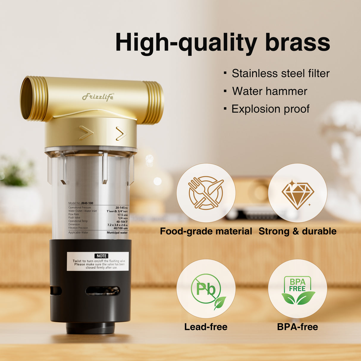 Frizzlife 40&100 Micron Spin Down Sediment Filter with Built-in Scraper, Reusable Whole House Pre-Filter for City/Well Water, Washing Machine, Flushable Filtration, 1"&3/4" NPT, BPA Free, JB40-100