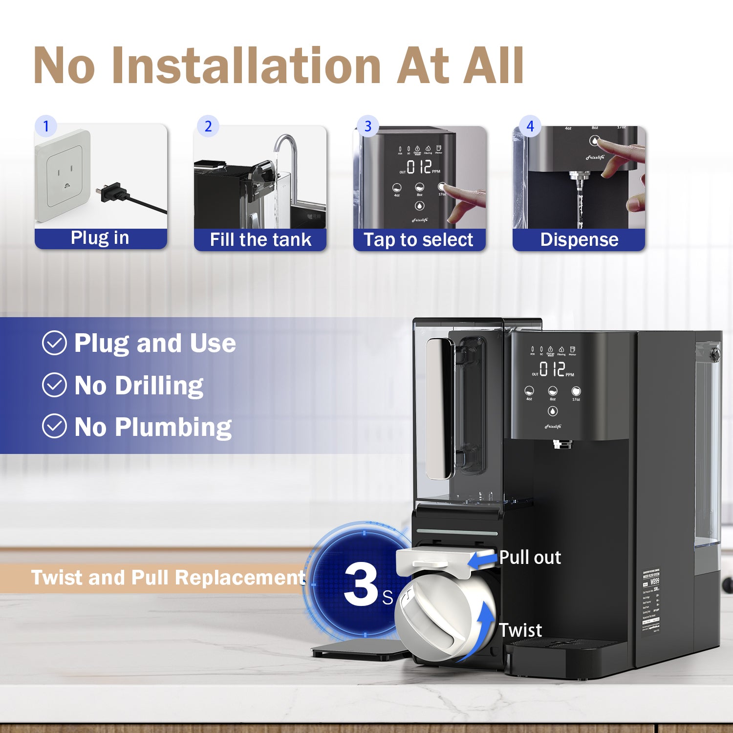 Sistema de ósmosis inversa de encimera Frizzlife WB99, filtro de agua alcalina RO con jarra portátil, elementos con certificación NSF/ANSI 58, monitoreo de TDS y vida útil del filtro, sin instalación. Soporte técnico en EE. UU.