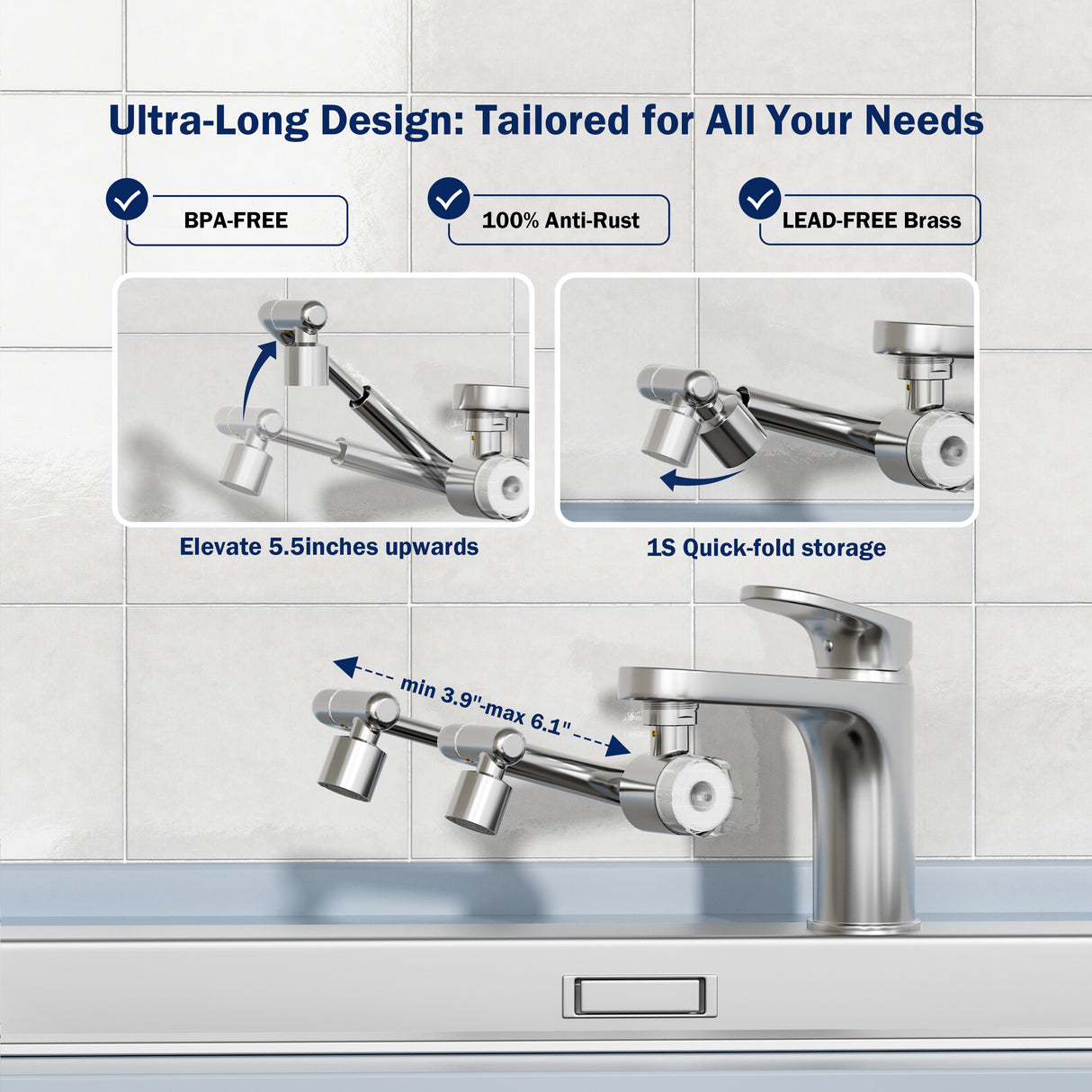 Frizzlife Splash-proof Sink Faucet Extender with Filter, Certified Reduce 99% Chlorine, 1080° Rotating Tap Aerator, 3 Modes Spray Attachment for kitchen/Bathroom/Toddlers, Extra Extension