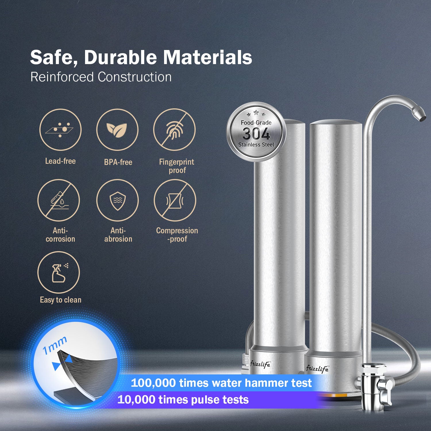 Frizzlife DS99 Sistema de filtro de agua para mostrador, acero inoxidable