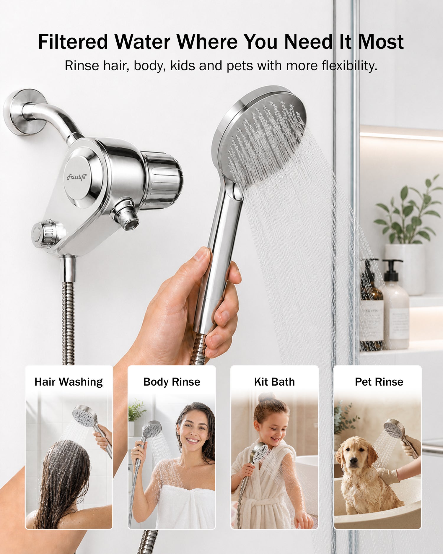 Frizzlife Dual-Outlet Shower Filter with Handheld Sprayer, Keeps Existing Fixed Shower Head, Both Heads Get Filtered Water, High Pressure 3-Mode, 210g KDF-55 and Calcium Sulfite, Reduces Chlorine