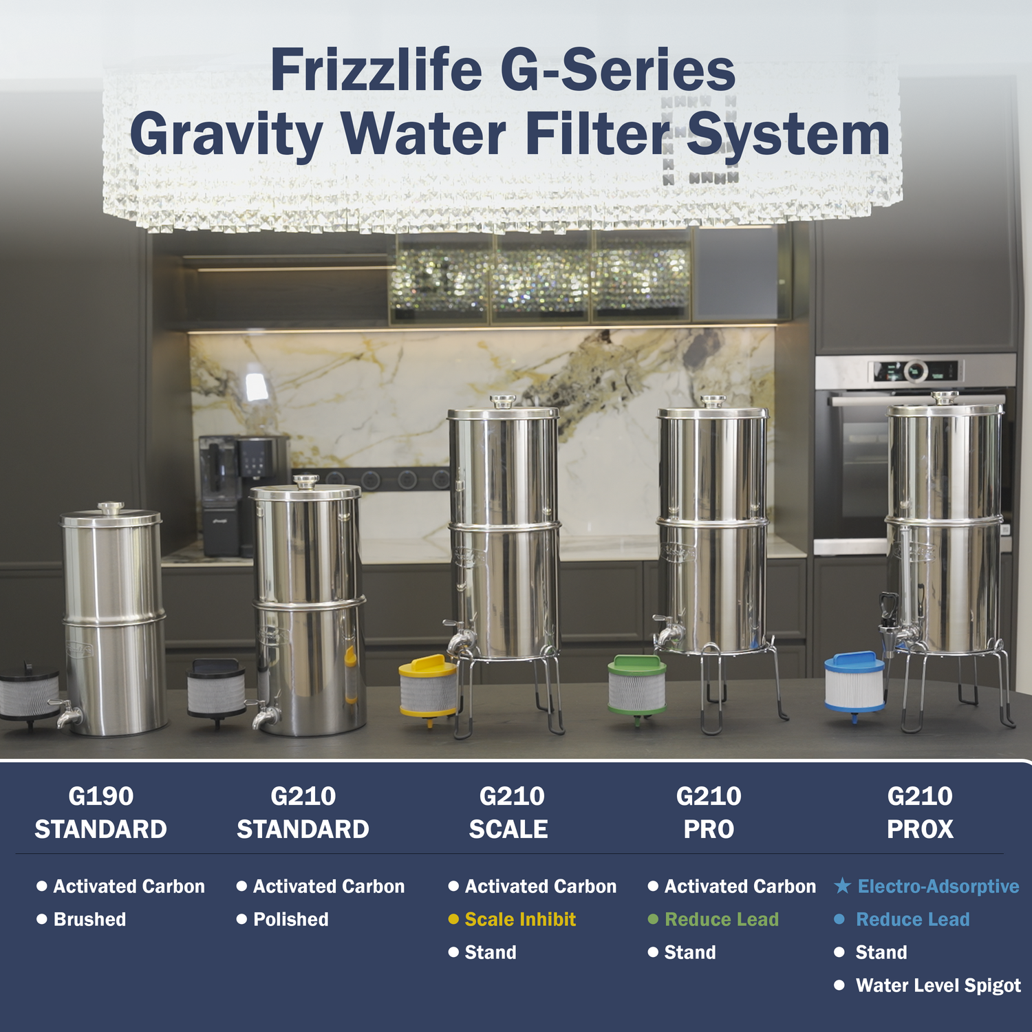 Système de filtration d'eau par gravité Frizzlife G210, élément certifié NSF réduisant le chlore à 99,9 %, le mauvais goût et les odeurs, plus de 10 impuretés, système de comptoir en acier inoxydable 304 pour la maison, les urgences, 2,25 g
