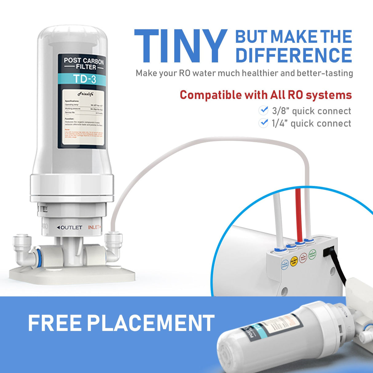 Frizzlife TD-3 Post Carbon Water Filter - Under Sink Activated Carbon Block Post Filter for RO Filter Systems