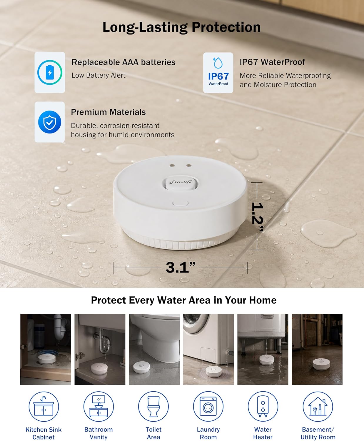 Frizzlife LoRa Water Leak Detector for LPG365, LR80