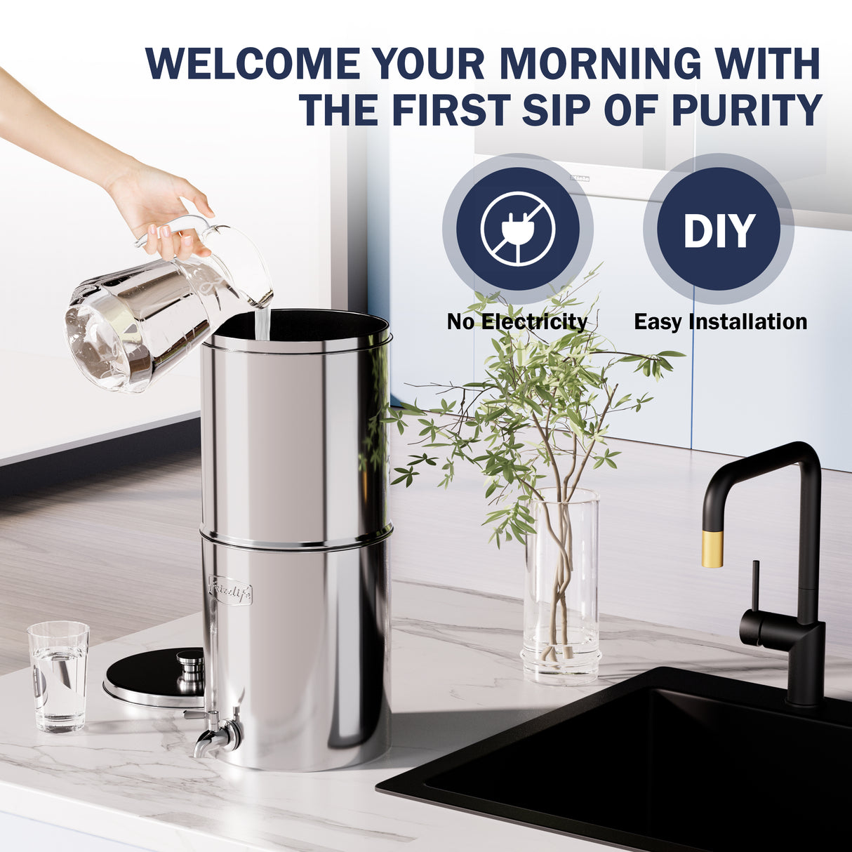 Sistema de filtración de agua por gravedad Frizzlife G210-PRO. Elemento con certificación NSF que reduce el 99.9 % de plomo, cloro, metales pesados, mal sabor y olor, e impurezas. Incluye soporte de acero inoxidable para beber y viajar. Peso: 2.25 g.