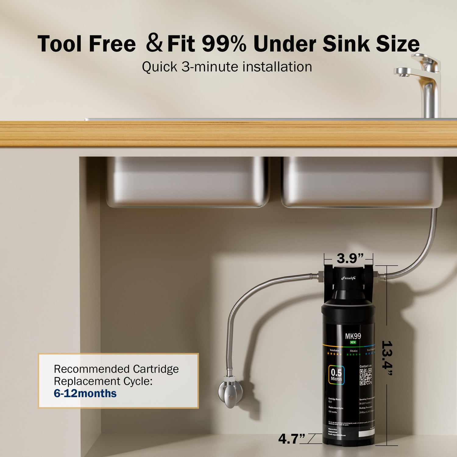 Wasserfiltersystem mit Frizzlife-Filter (NSF/ANSI 53 & 42), 0,5 μm. Direkt unter der Spüle installiert. Reduziert Chlor, schlechten Geruch, Geschmack und schwarze Partikel. Für sauberes und gesundes Trinkwasser.
