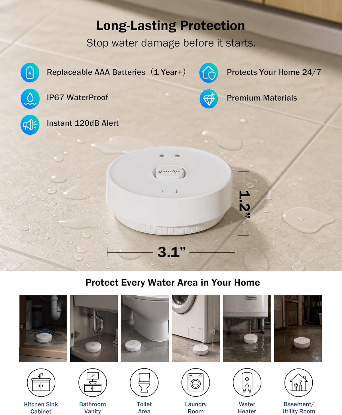 Frizzlife Smart Water Monitor & Automatic Shutoff with 3 Leak Sensors, LPG365-P-3S