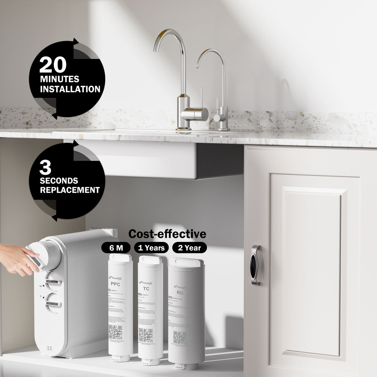 Système de filtration d'eau par osmose inverse Frizzlife - Filtre à eau RO sous évier à débit rapide 600 GPD, sans réservoir, réduit les TDS, 8 étapes, 1,5:1 pur à drainer, compact, PX600