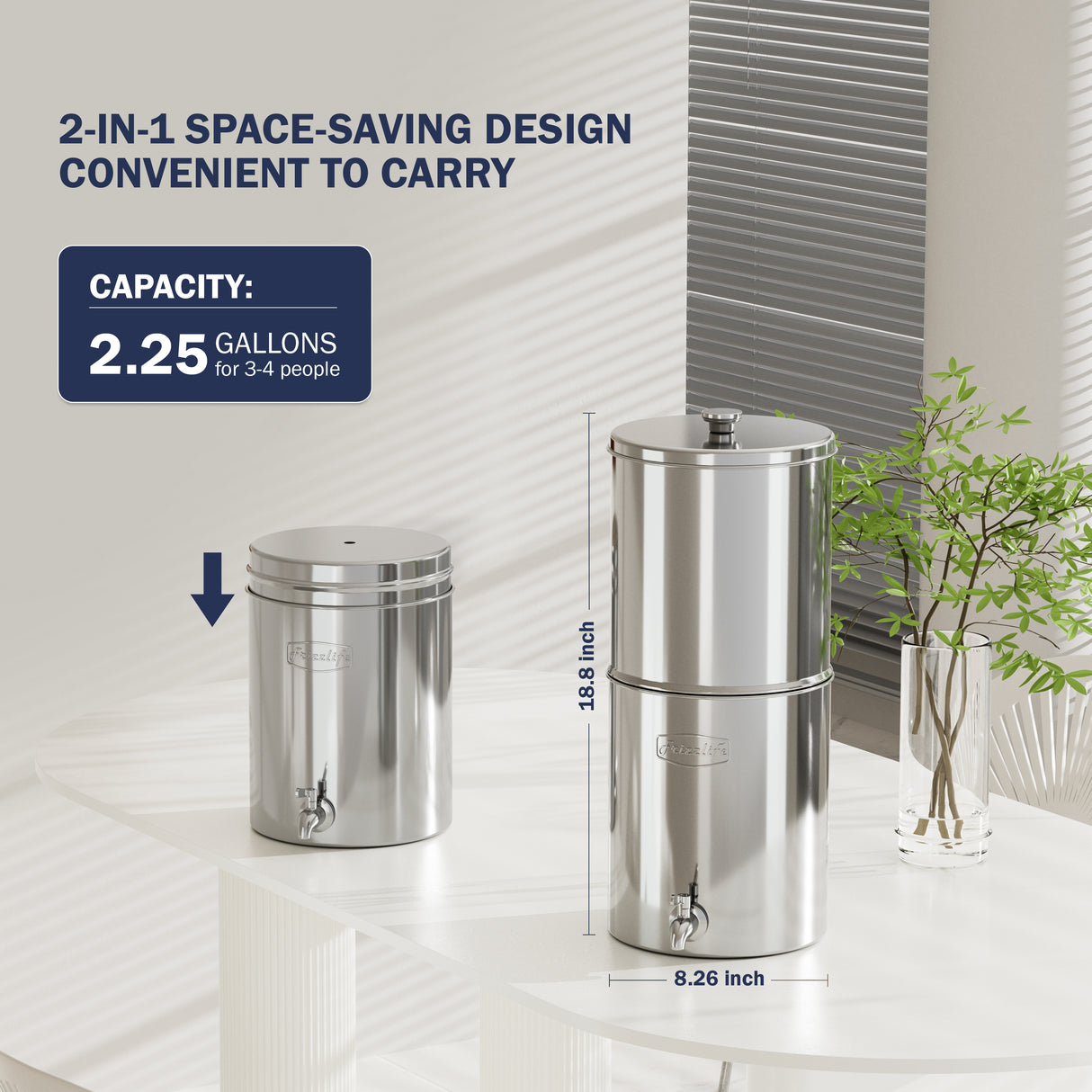 Sistema de filtración de agua por gravedad Frizzlife G210-PRO. Elemento con certificación NSF que reduce el 99.9 % de plomo, cloro, metales pesados, mal sabor y olor, e impurezas. Incluye soporte de acero inoxidable para beber y viajar. Peso: 2.25 g.