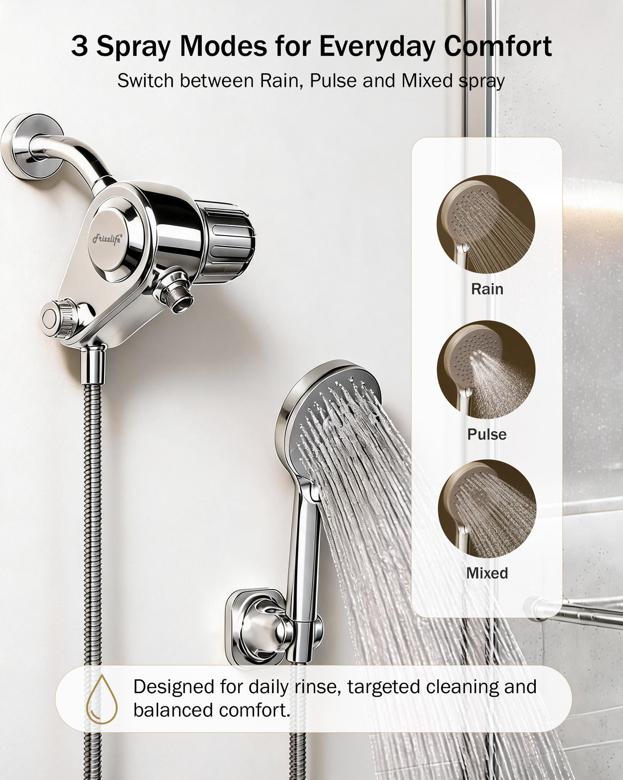 Frizzlife Dual-Outlet Shower Filter with Handheld Sprayer, Keeps Existing Fixed Shower Head, Both Heads Get Filtered Water, High Pressure 3-Mode, 210g KDF-55 and Calcium Sulfite, Reduces Chlorine
