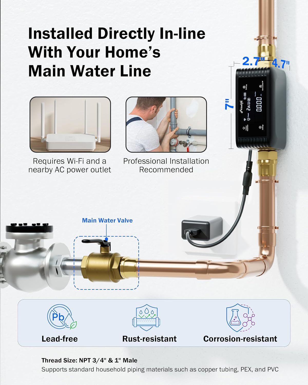 Frizzlife Smart Water Monitor & Automatic Shutoff System with 3 Leak Sensors, LPG365-3S
