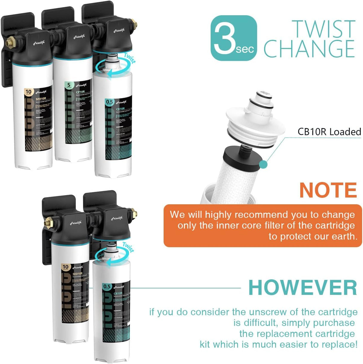 Kit de boîtier de remplacement Frizzlife CB10R-HF avec cartouche filtrante CB10R à l'intérieur – Pour systèmes de filtration d'eau sous évier DW10, DW10F et TW10