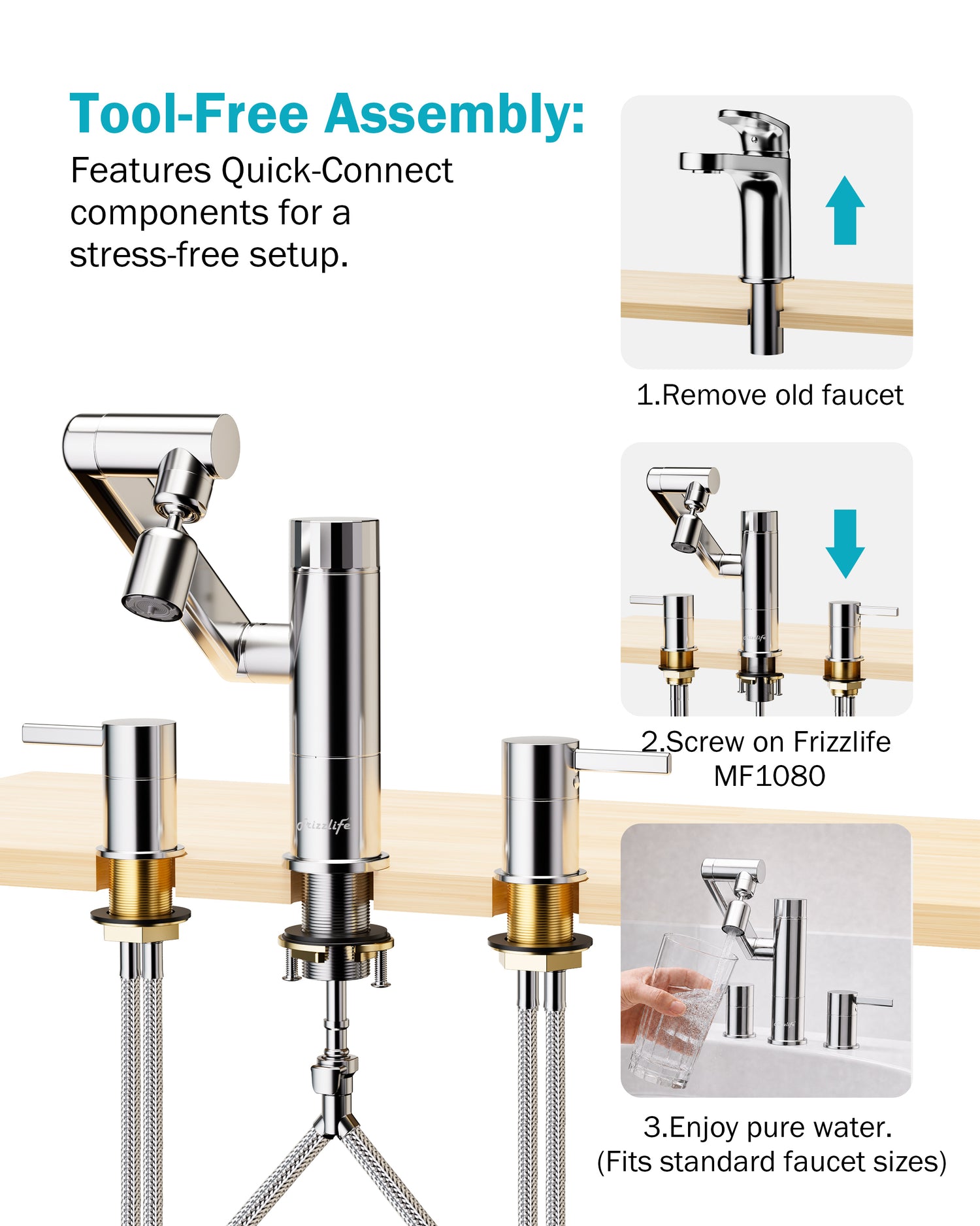 Frizzlife MF1080-X Series Bathroom & Kitchen Faucet with Water Filter, Polished Chrome, 360° Swivel Aerator