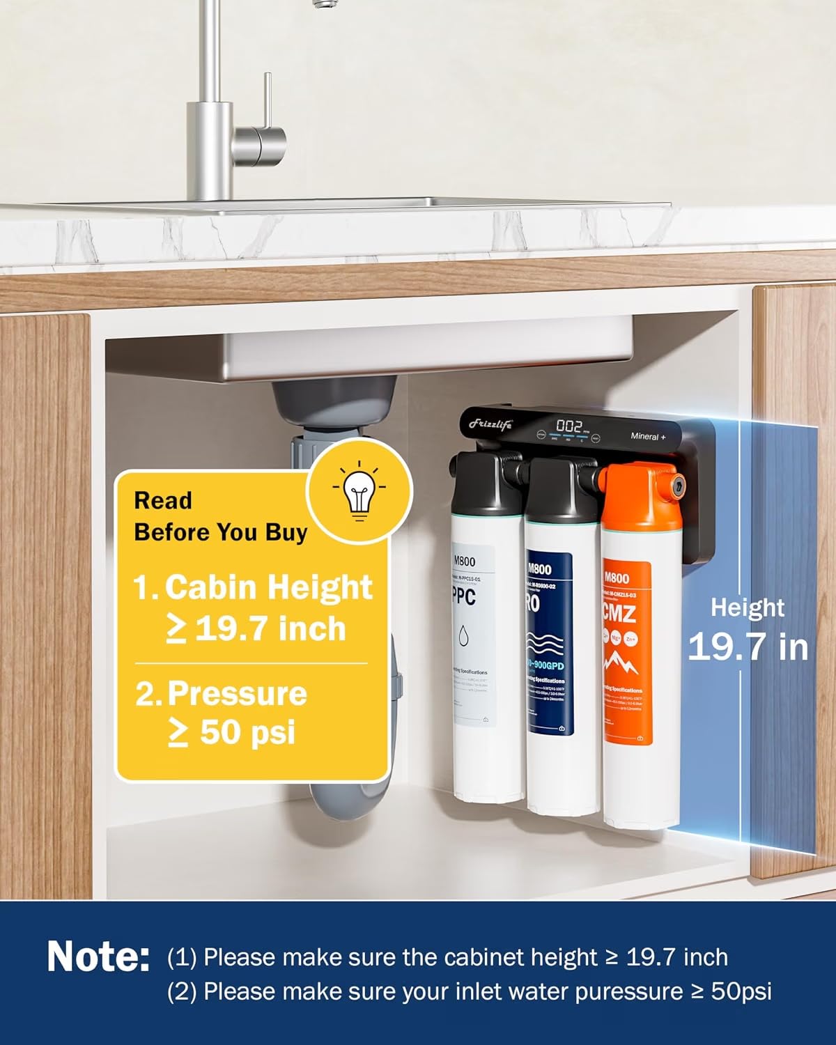 Frizzlife M800 Non-Electric Tankless RO Water Filter, 900GPD Alkaline Mineralized System, Smart WiFi App Control, Real-Time TDS & Filter Life Monitoring, Auto Flush, NSF/ANSI 58&372, 4:1 Pure to Drain