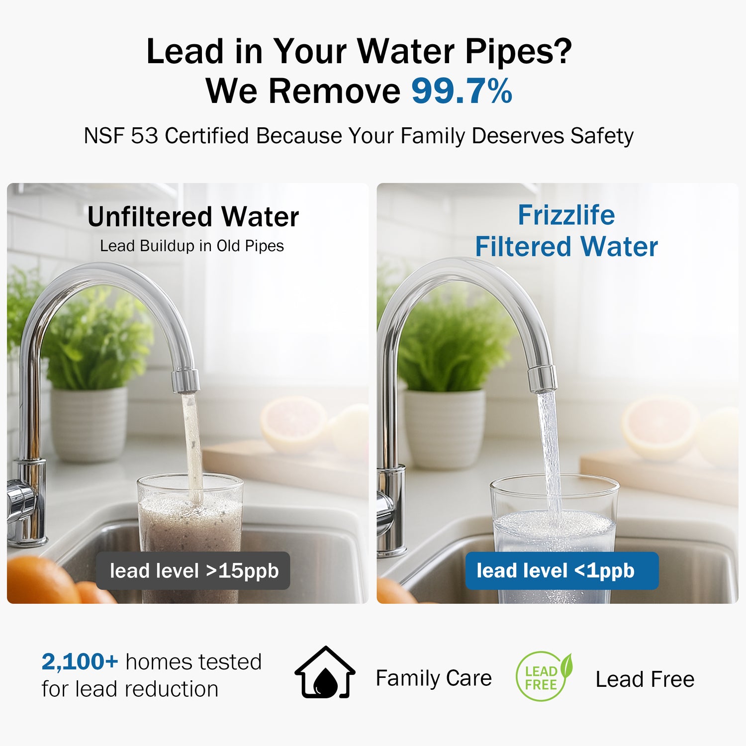 Wasserfiltersystem mit Frizzlife-Filter (NSF/ANSI 53 & 42), 0,5 μm. Direkt unter der Spüle installiert. Reduziert Chlor, schlechten Geruch, Geschmack und schwarze Partikel. Für sauberes und gesundes Trinkwasser.